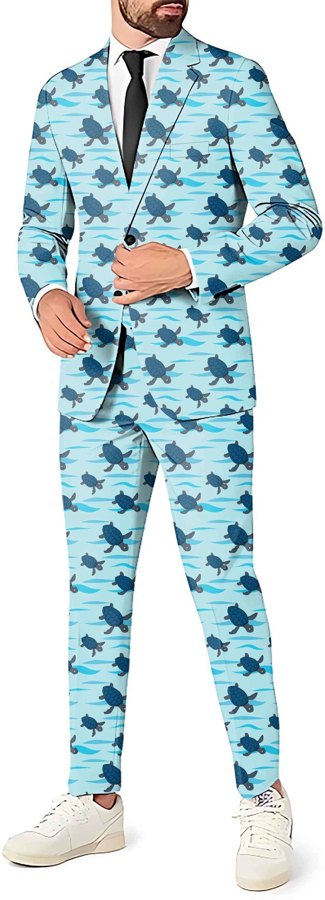 Men's Turtle Time party suit with blazer, pants, and vest featuring turtle print design
