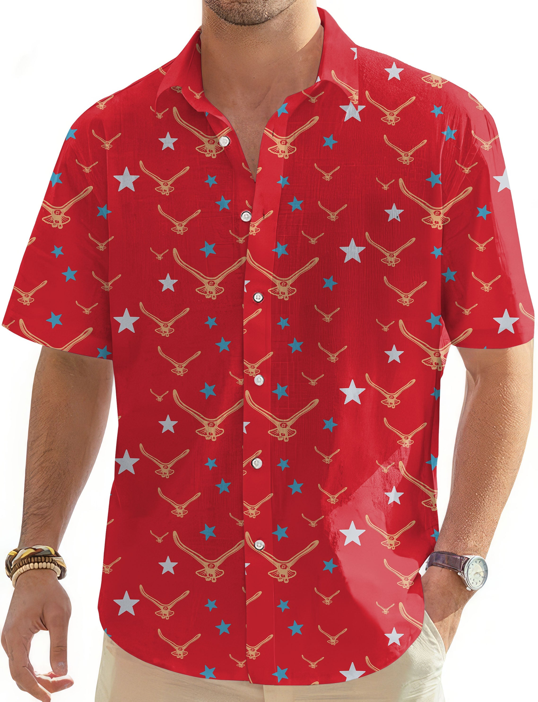 Limited edition star men's red Hawaiian golf shirt with eagle and star pattern, button-down collar, short sleeves, and casual fit