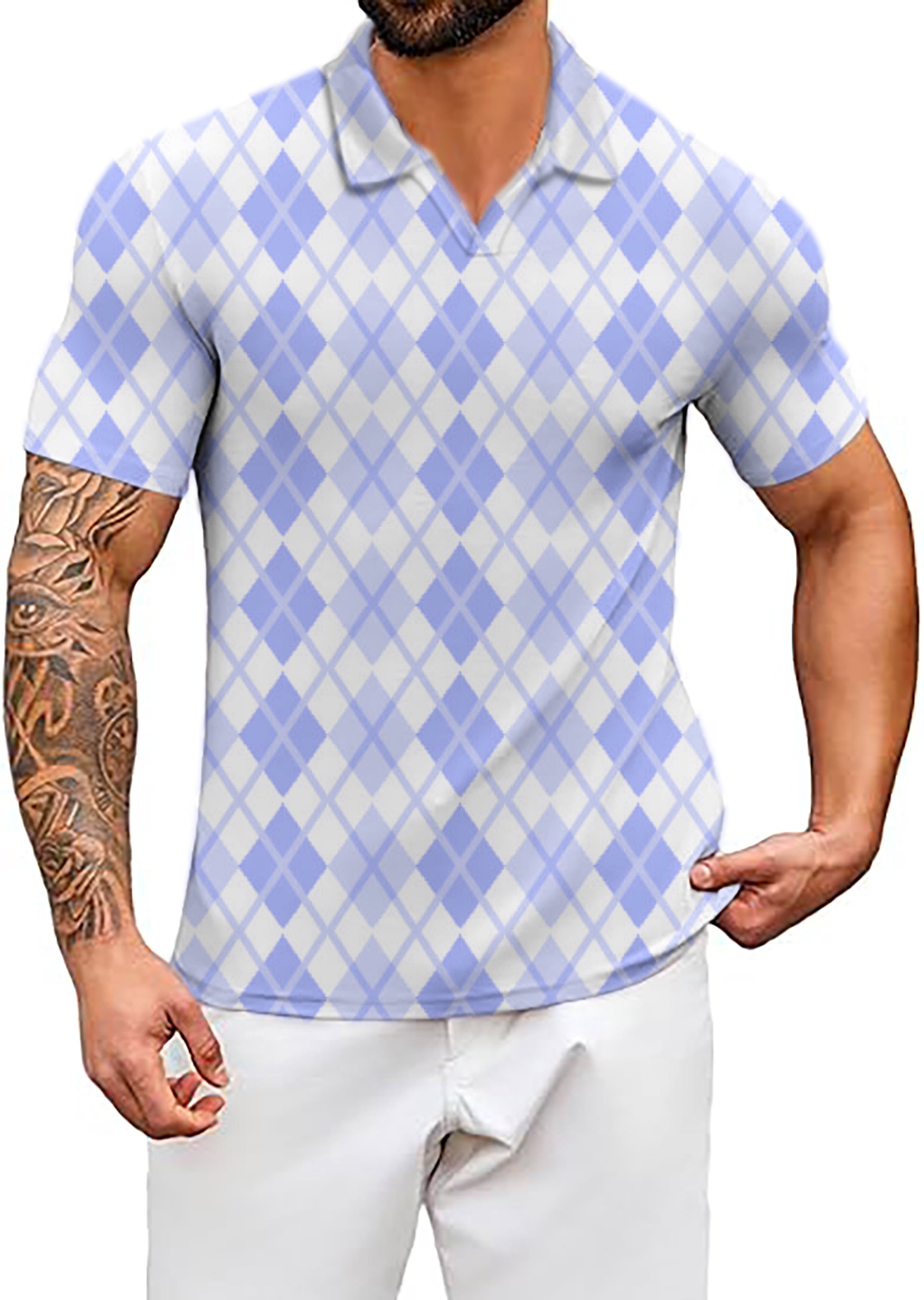 Men's Argyle purple grid V Neck Golf Polo Shirts