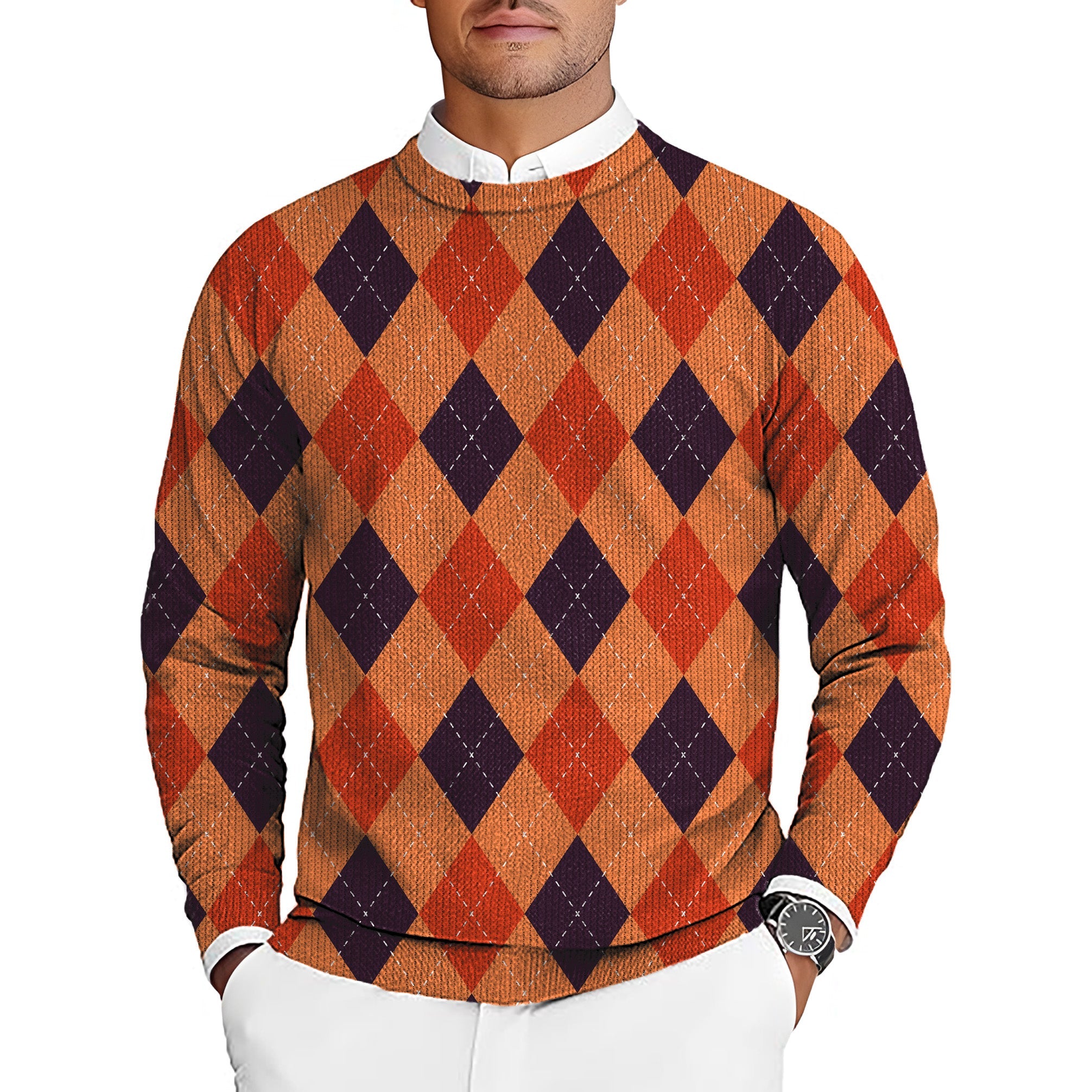 Halloween black red orange argyle men's golf crewneck pullover sweater
