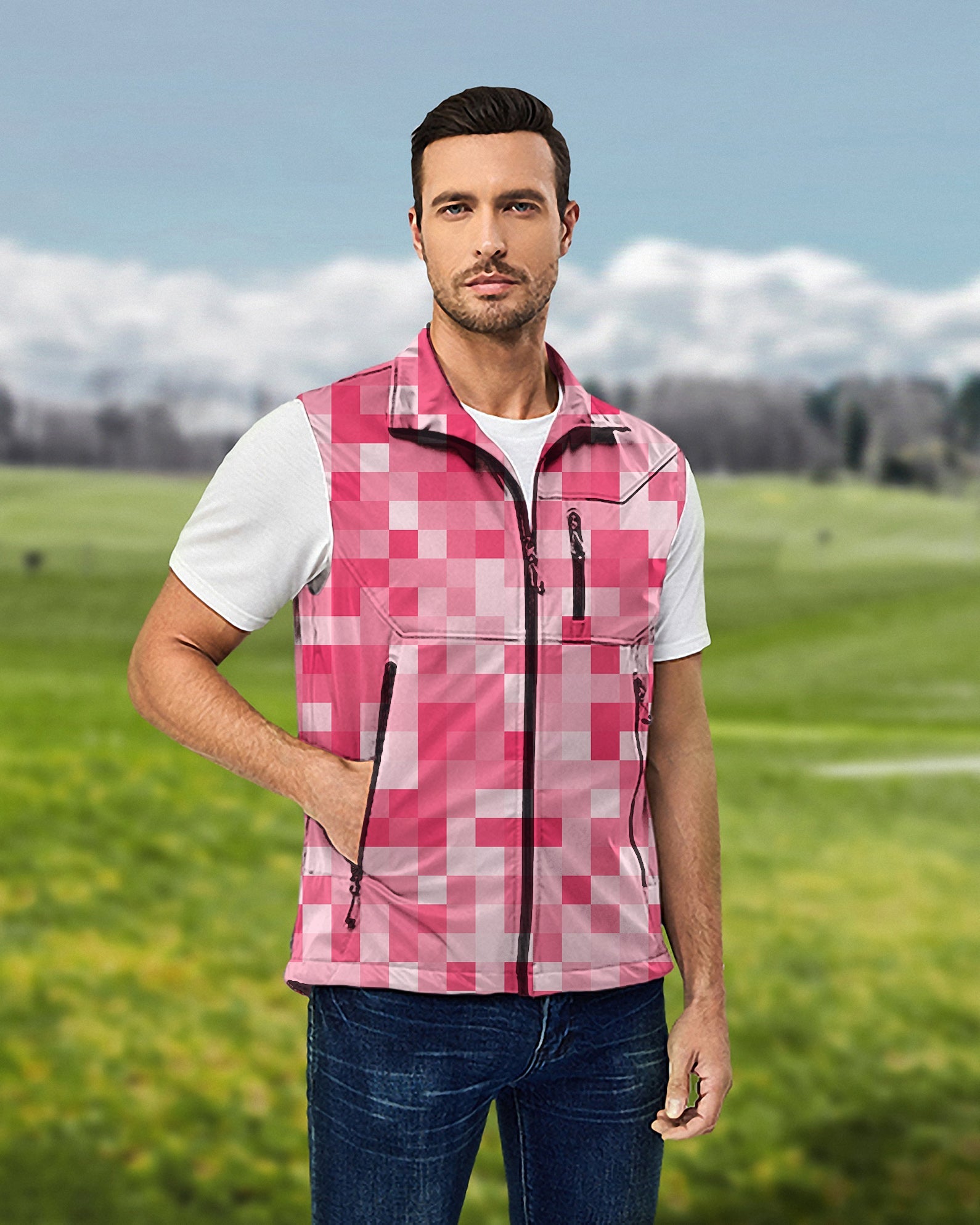 Men's light red pixel sleeveless softshell vest for golf, lightweight, windproof, and waterproof