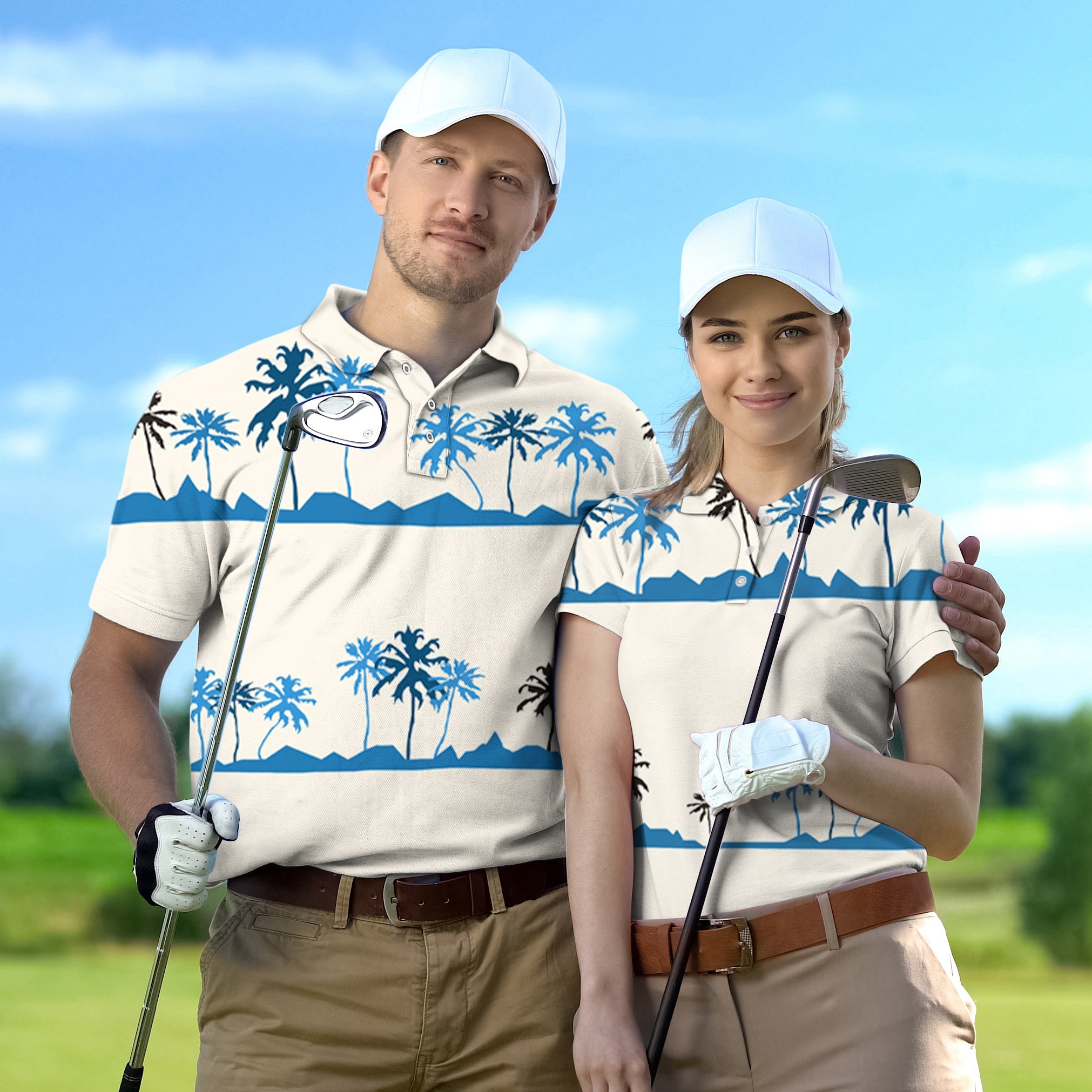 Couple wearing matching golf shirts with blue palm tree design on golf course