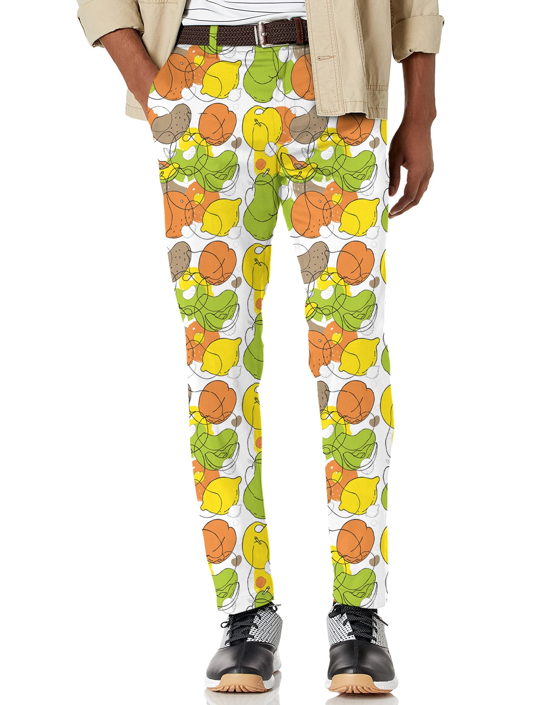 Men's colorful fruit stretch golf pants with moisture-wicking fabric and vibrant fruit pattern