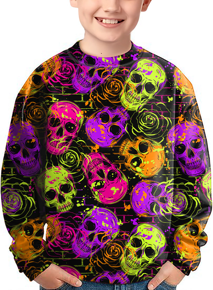 Kids Halloween Colors Skull crewneck pullover with vibrant skull and rose pattern