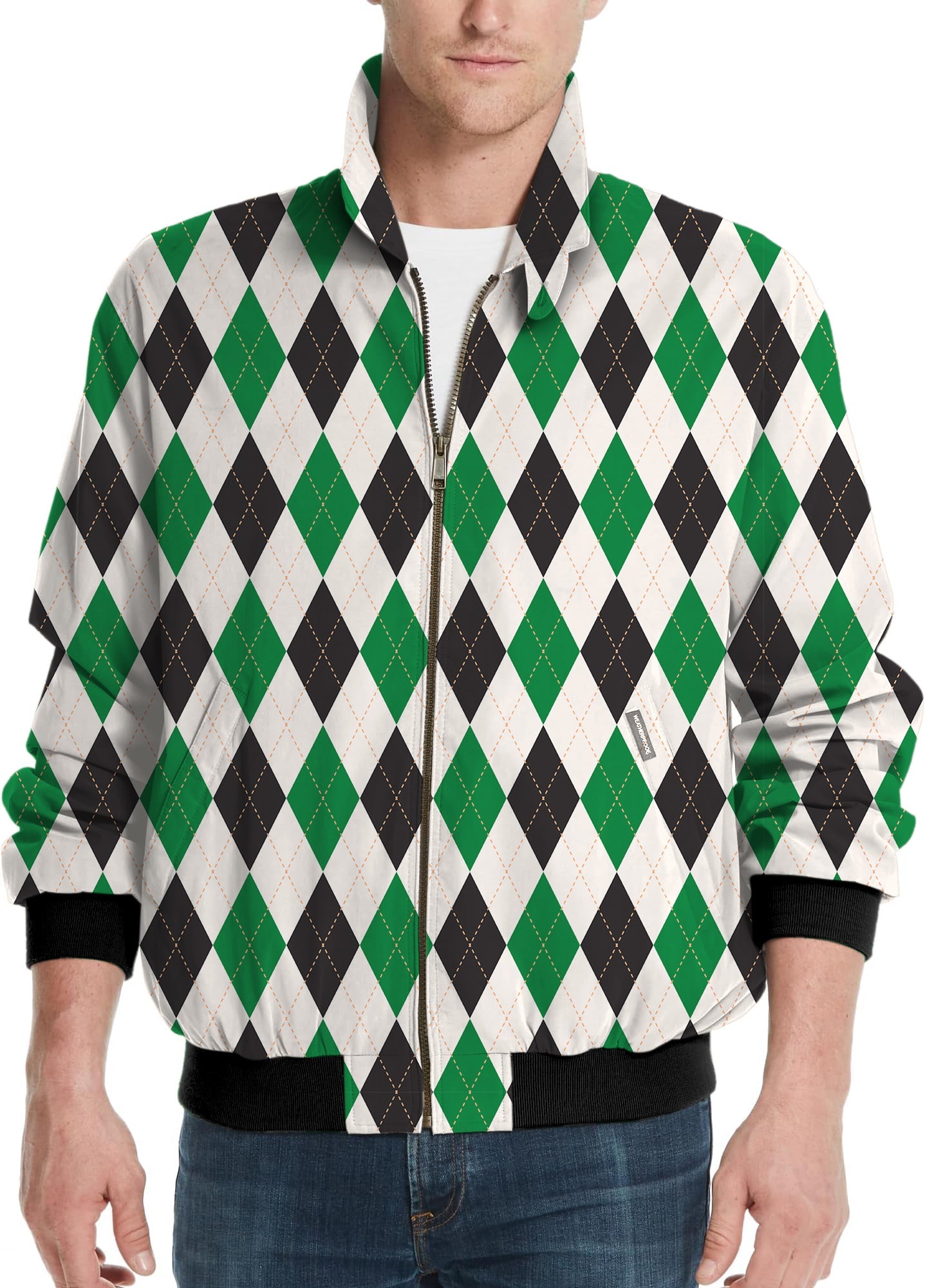 Men's golf windbreaker jacket with green and black Argyle grid pattern