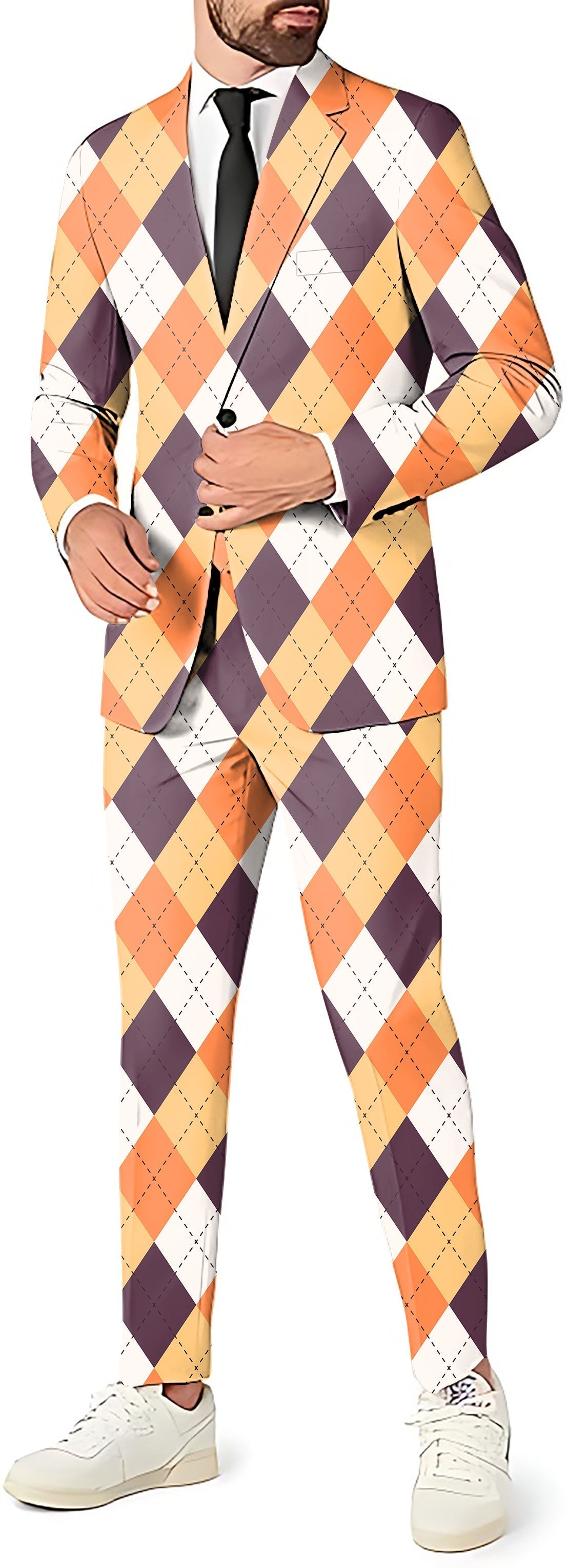 Halloween orange white brown argyle men's suit with blazer, pants, and vest for party costume