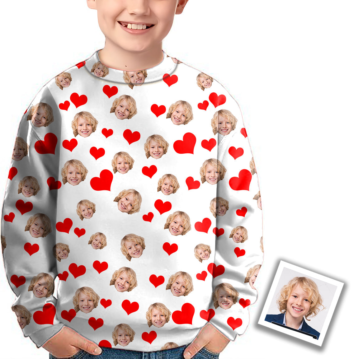 Custom Red Heart kids crewneck pullover with funny face and red hearts pattern