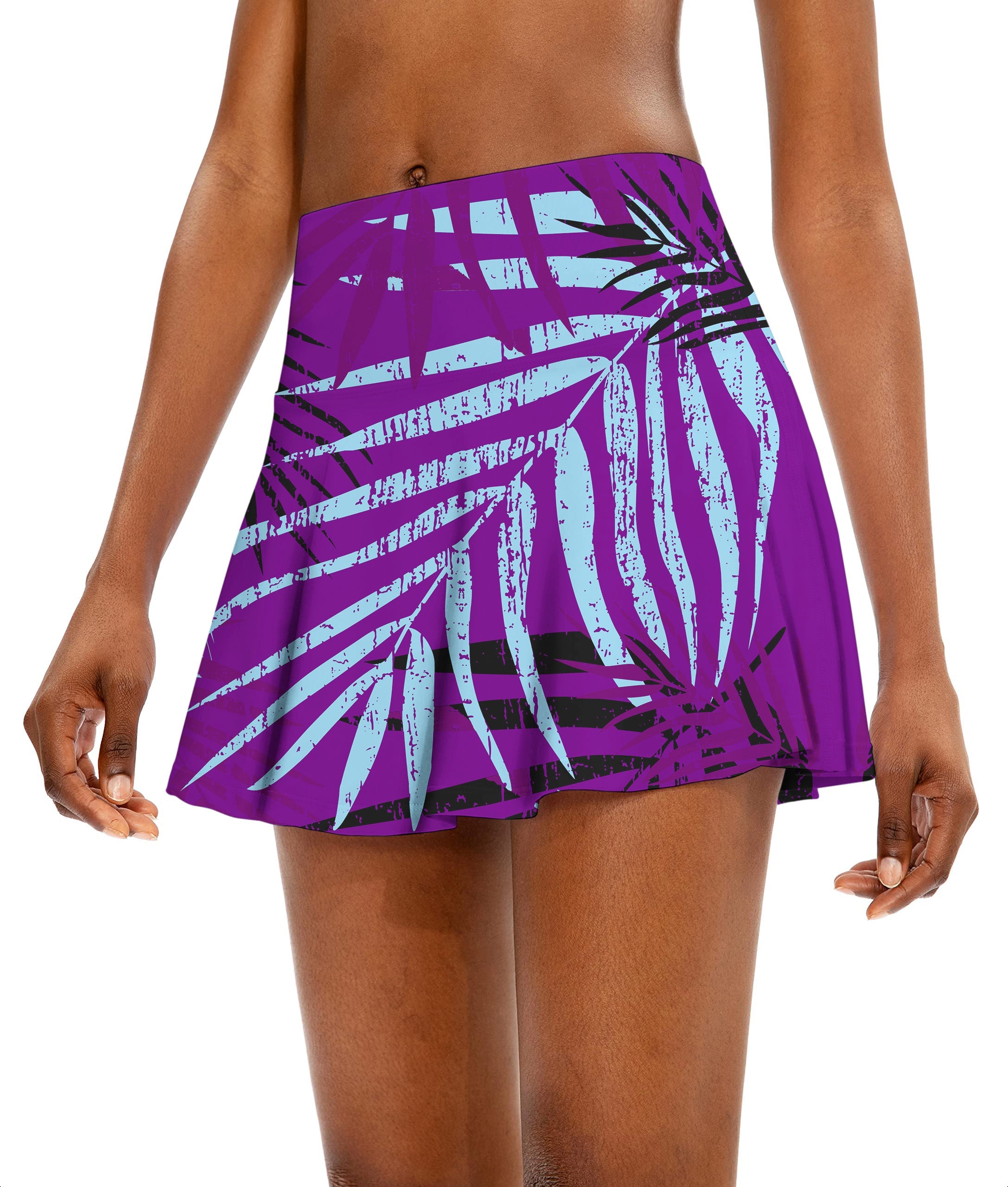 purple leaf Women's athletic golf skort with flared skirt design and palm leaf pattern