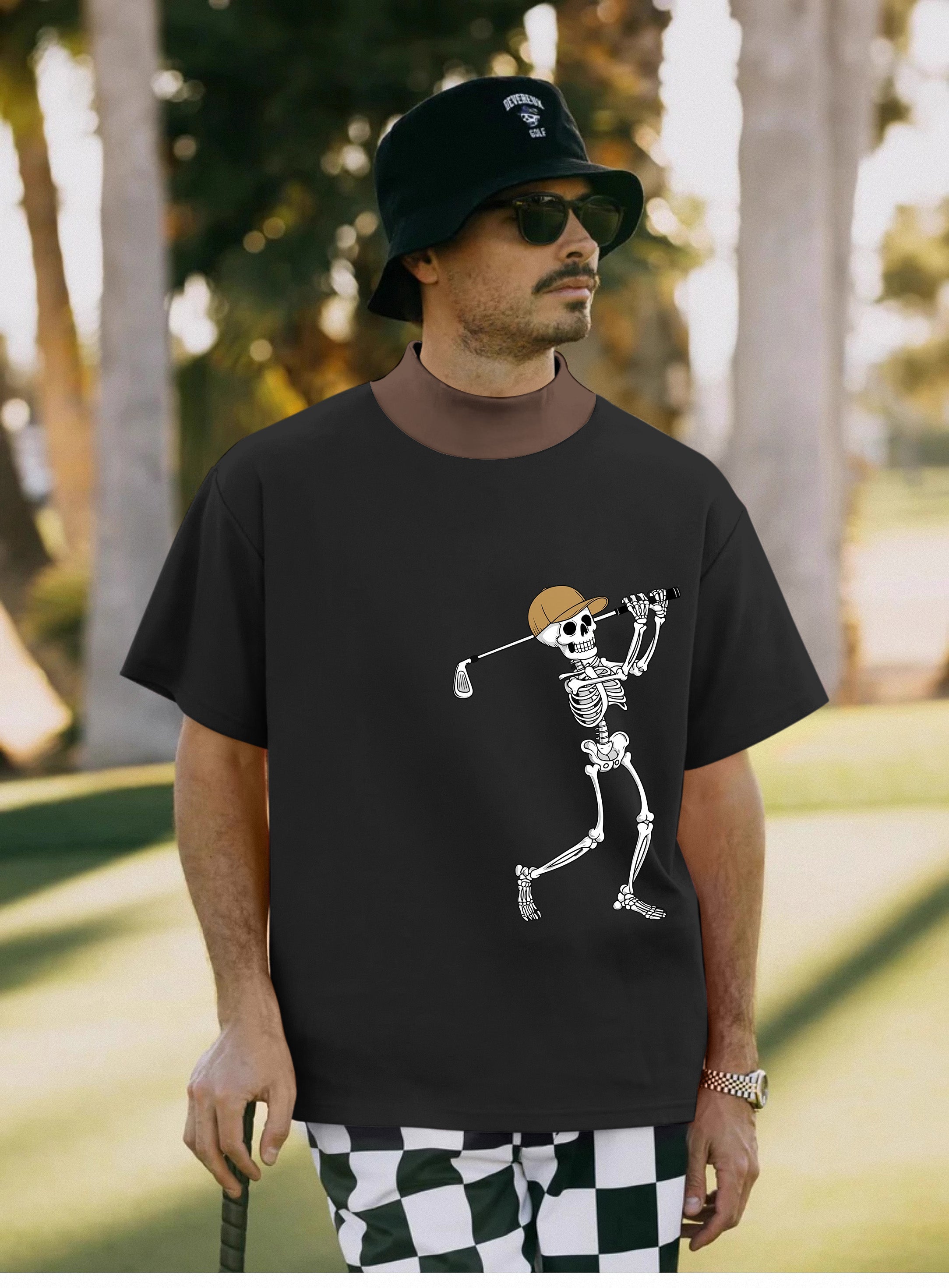 Men's brown and black Halloween skeleton golf pullover with high neck and short sleeves