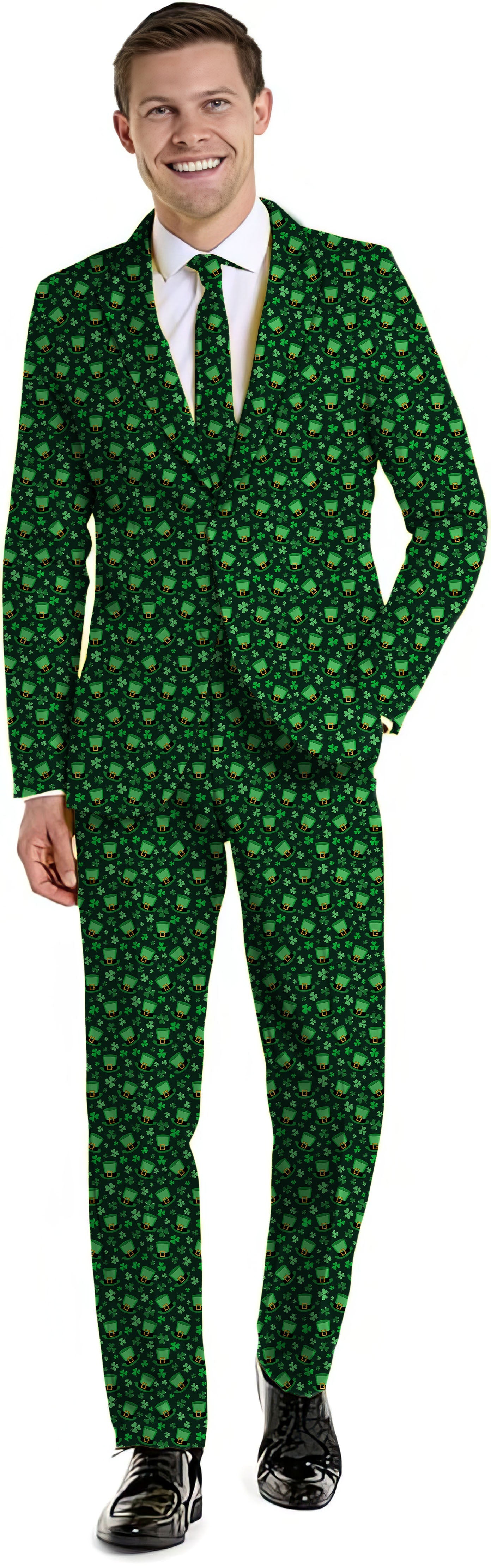 Men's St. Patrick's Day suit with leprechaun hat clover leaf pattern blazer, pants, and vest set