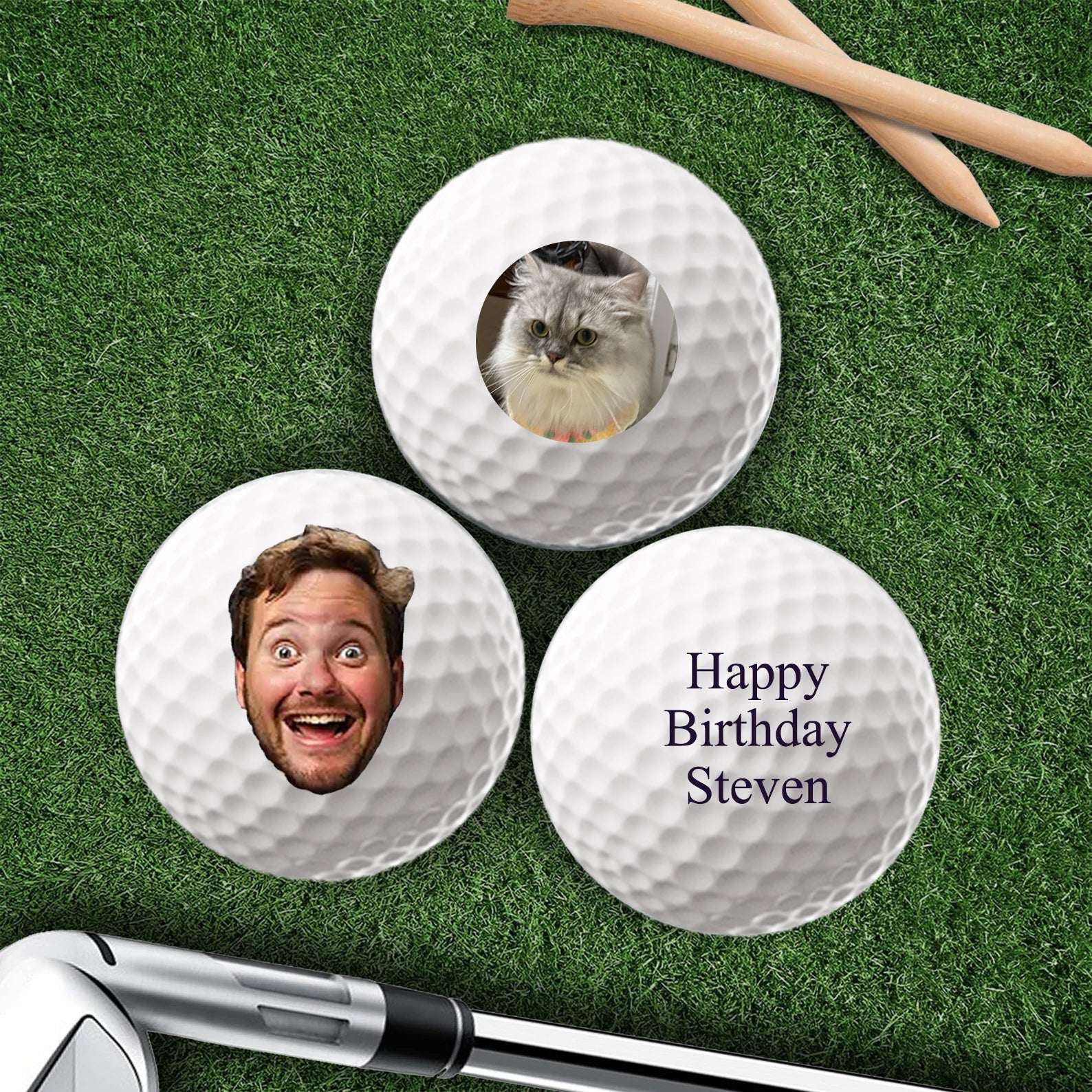 Custom photo golf balls with personalized face images and text for birthday gift on grass with golf club and tees