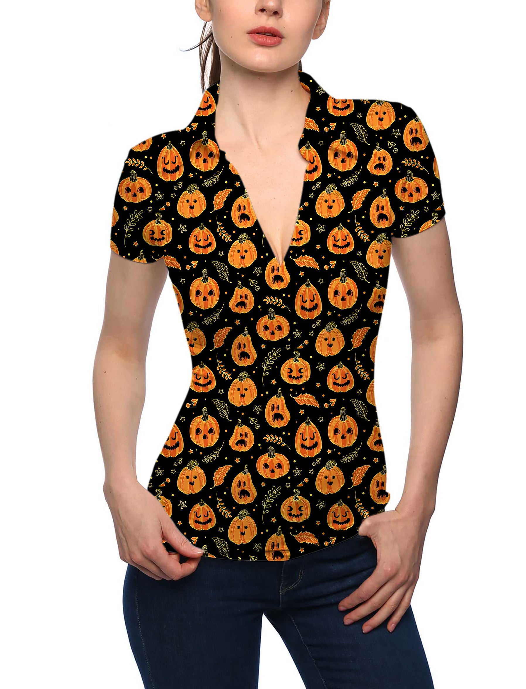 Women's Halloween Kawaii pumpkin print V-neck golf polo shirt with stand collar and short sleeves