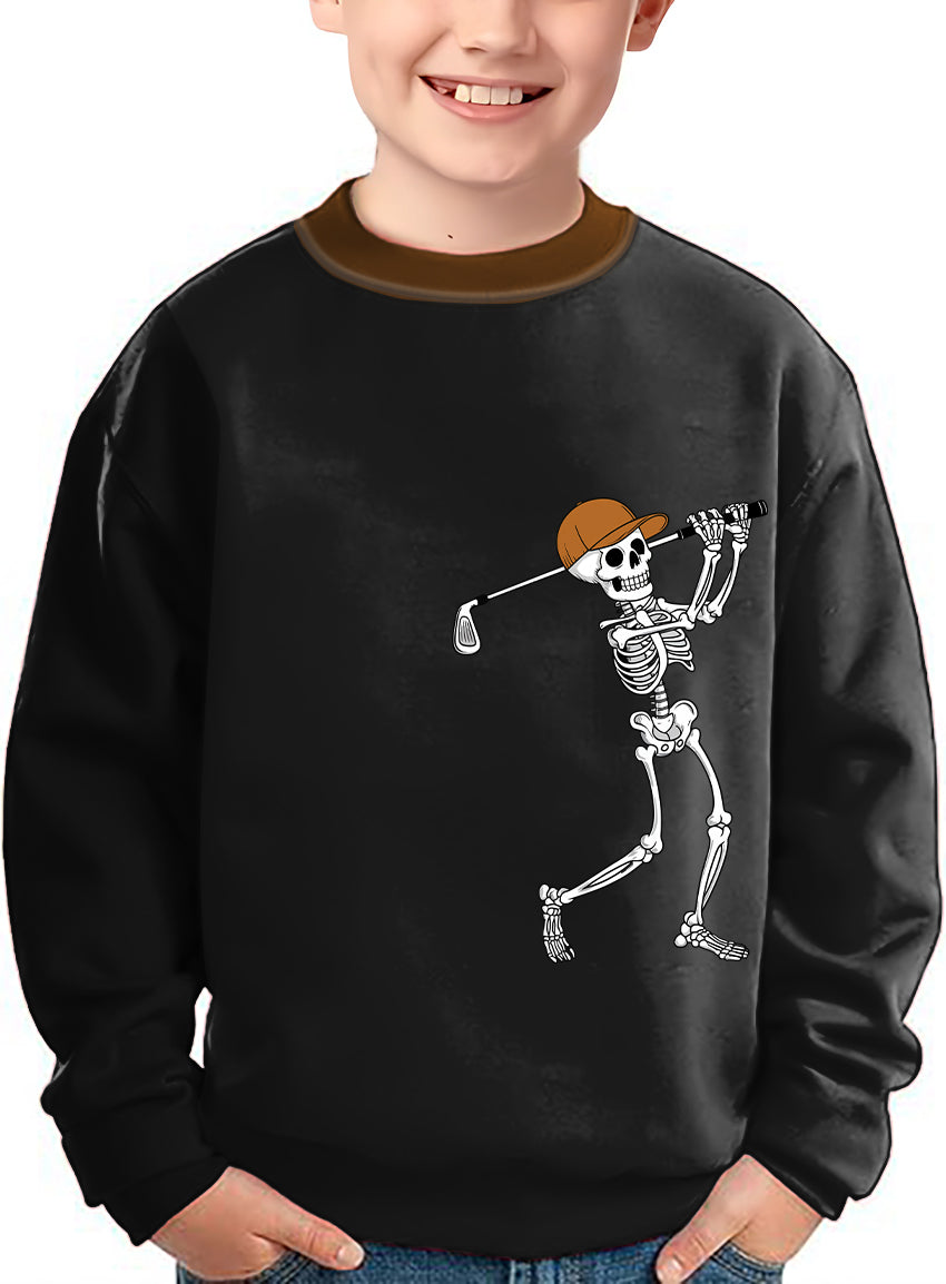 Kids black crewneck pullover with pumpkin black Halloween skeleton golf design