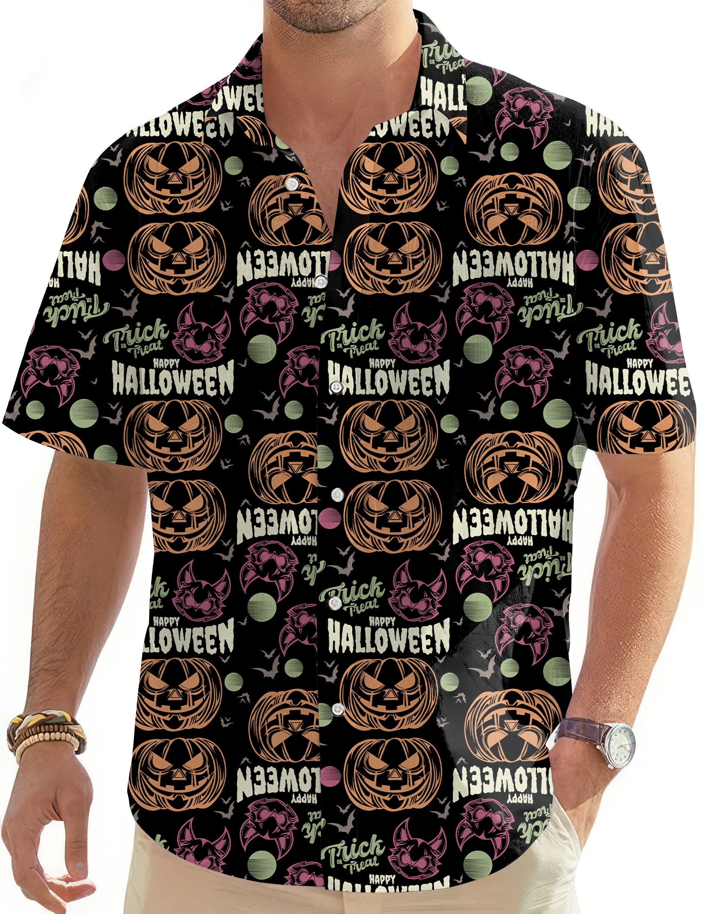 Happy Halloween colorful pumpkin men's golf Hawaiian button down shirt with classic collar and short sleeves