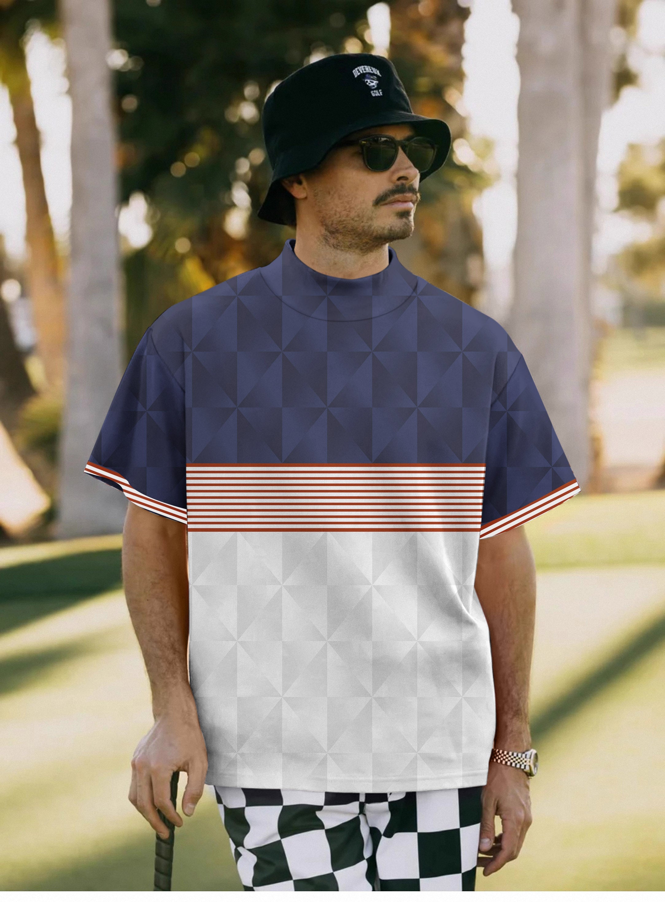 Men's stripe splicing sport team custom pullover high neck short sleeve T-shirt