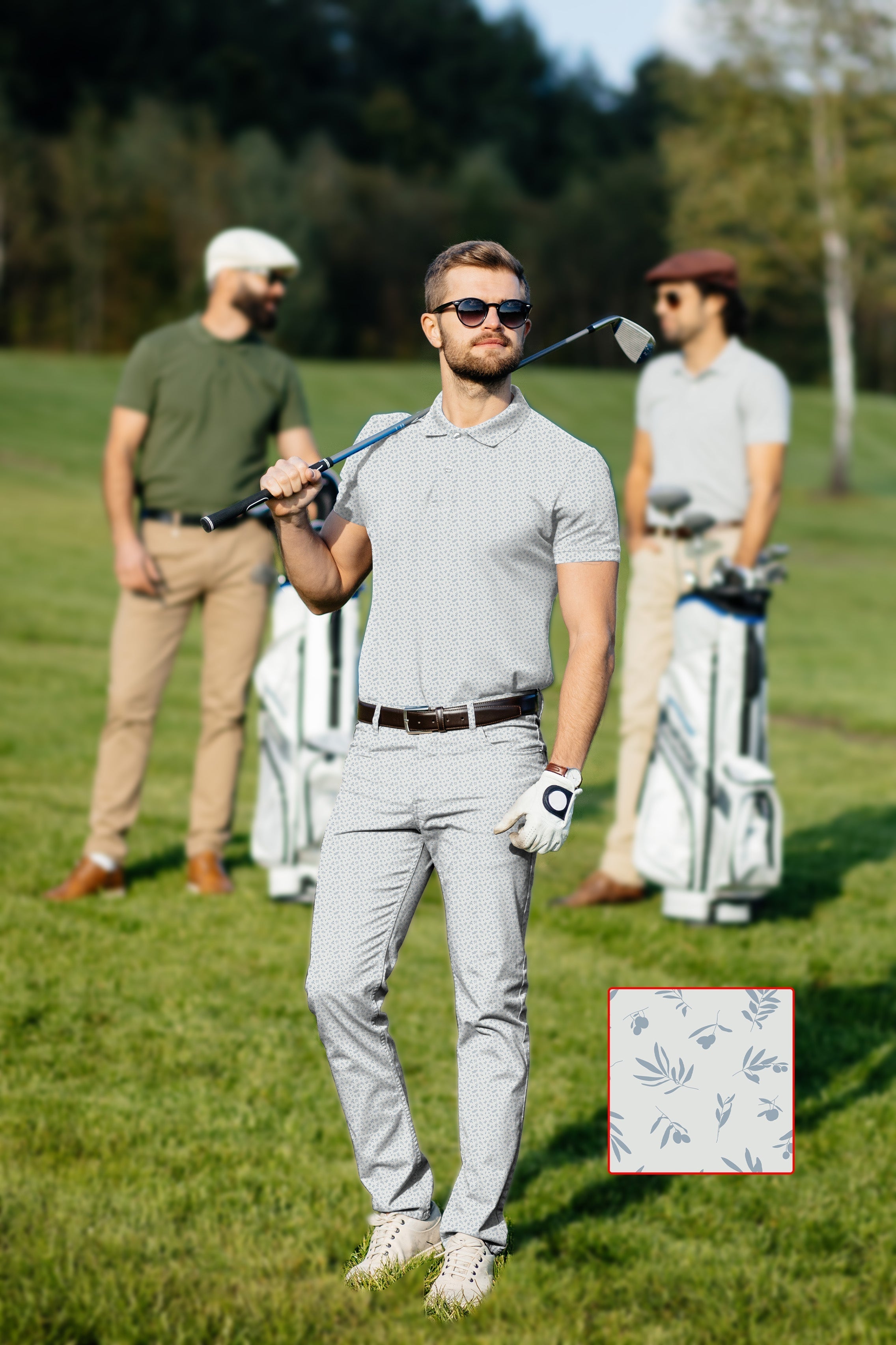 Men's golf set with customized polo and pants featuring leaves and fruits pattern, four-way stretch, moisture-wicking fabric, UPF 40+ protection, and classic fit for business casual style.