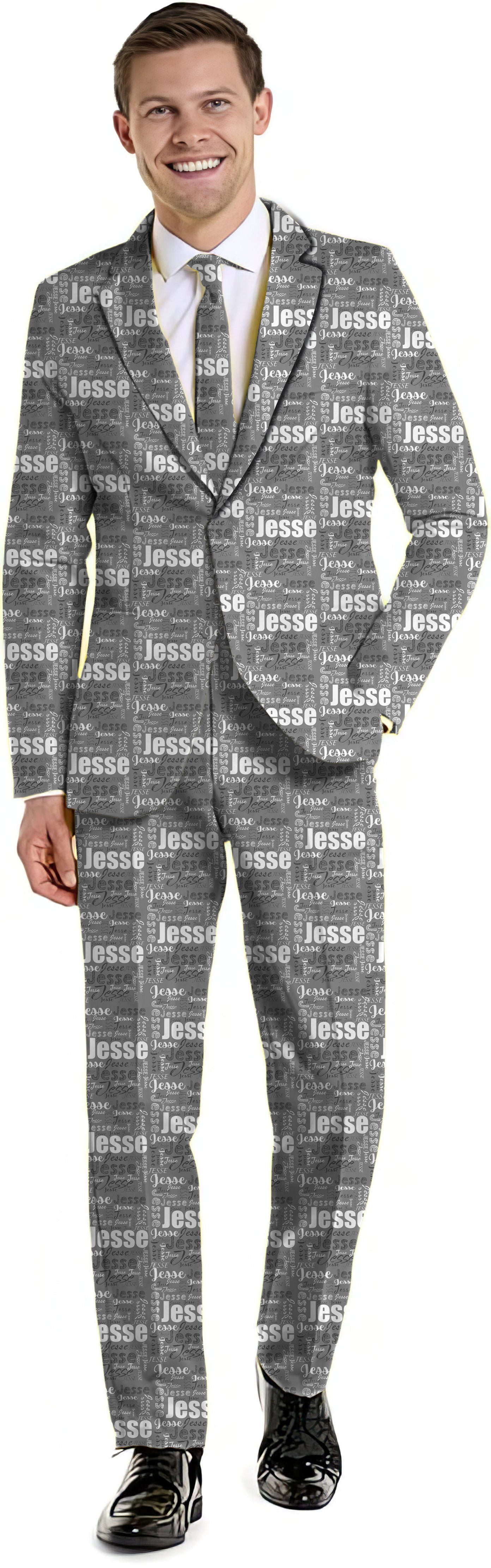 grey men's custom name party suit set with blazer, pants, and vest for themed events