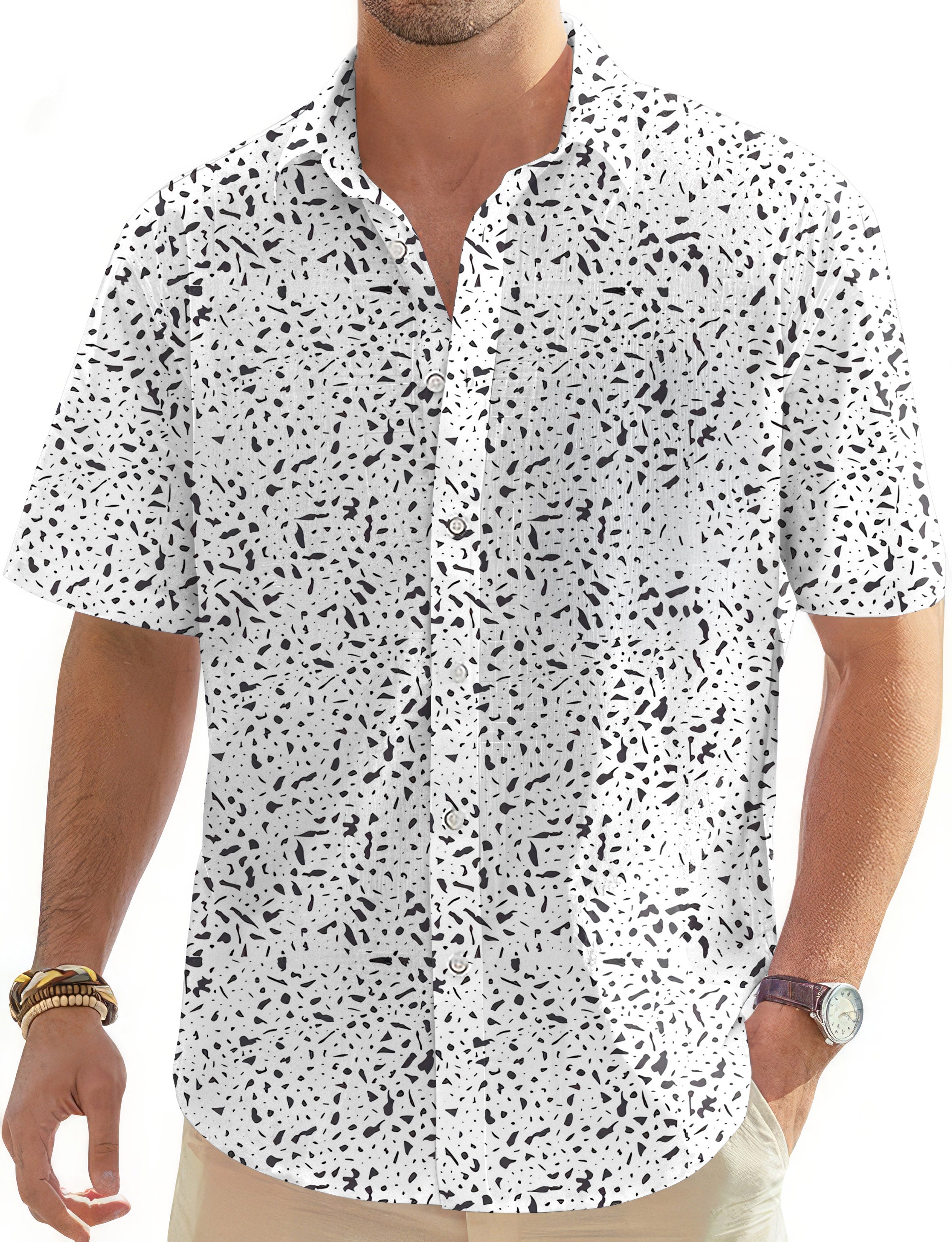 Speckle-Men's Golf Hawaiian button down shirt with black speckle pattern on white background and short sleeves