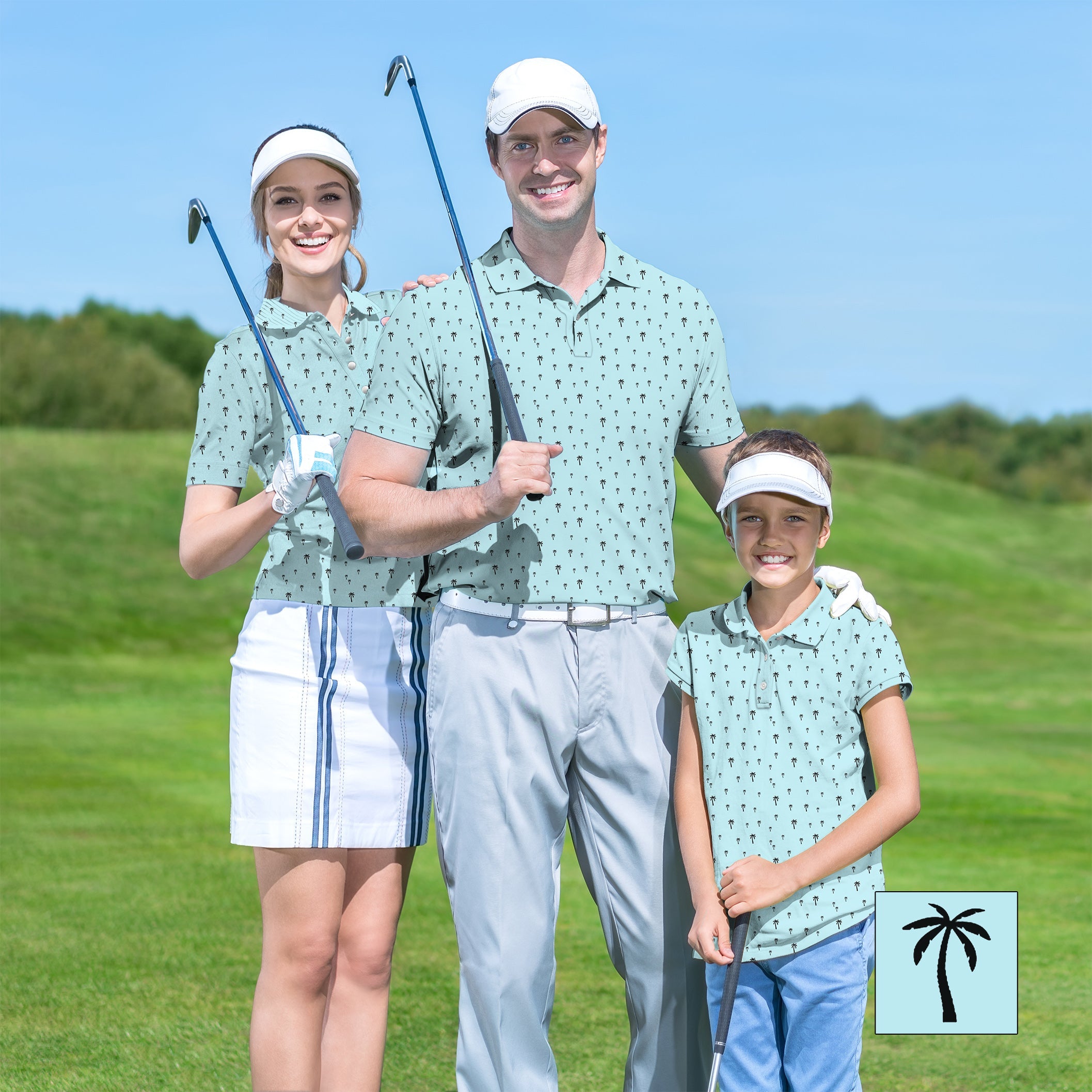 Family wearing light blue palm print golf shirts on course for Golf Championship Trophy tournament