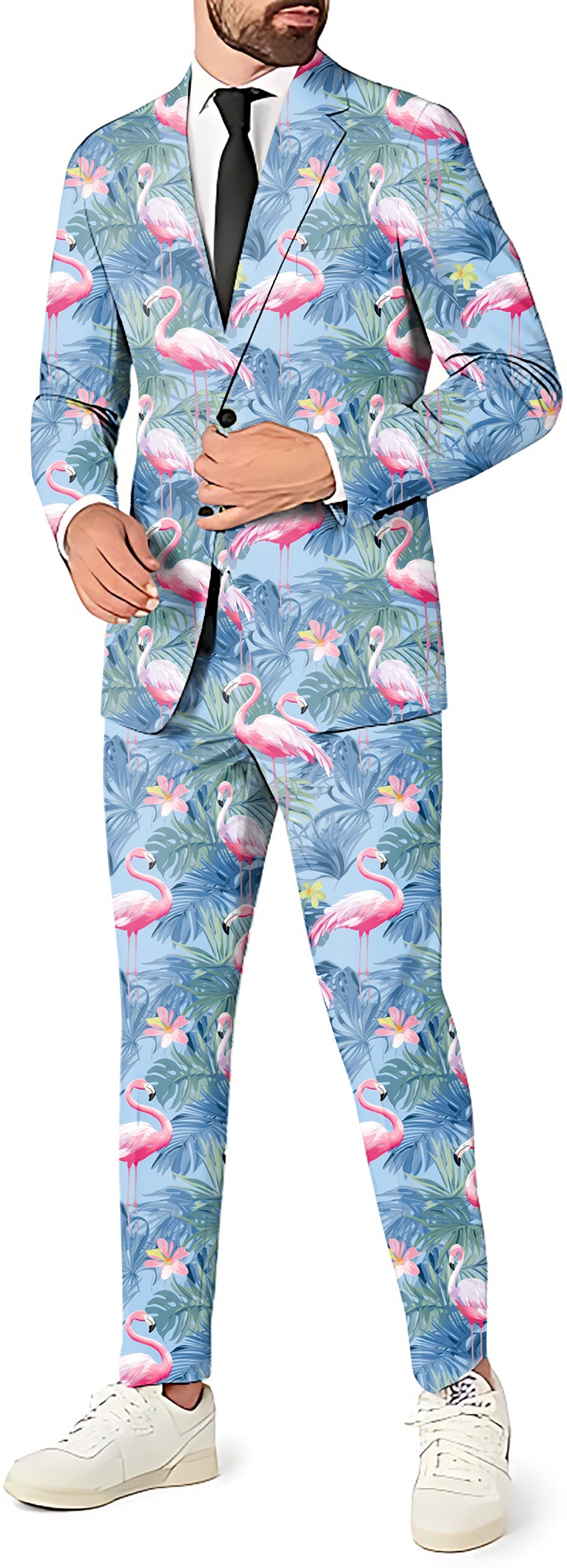 Men's tropical birds pink flamingo themed blazer, pants, and vest party suit set