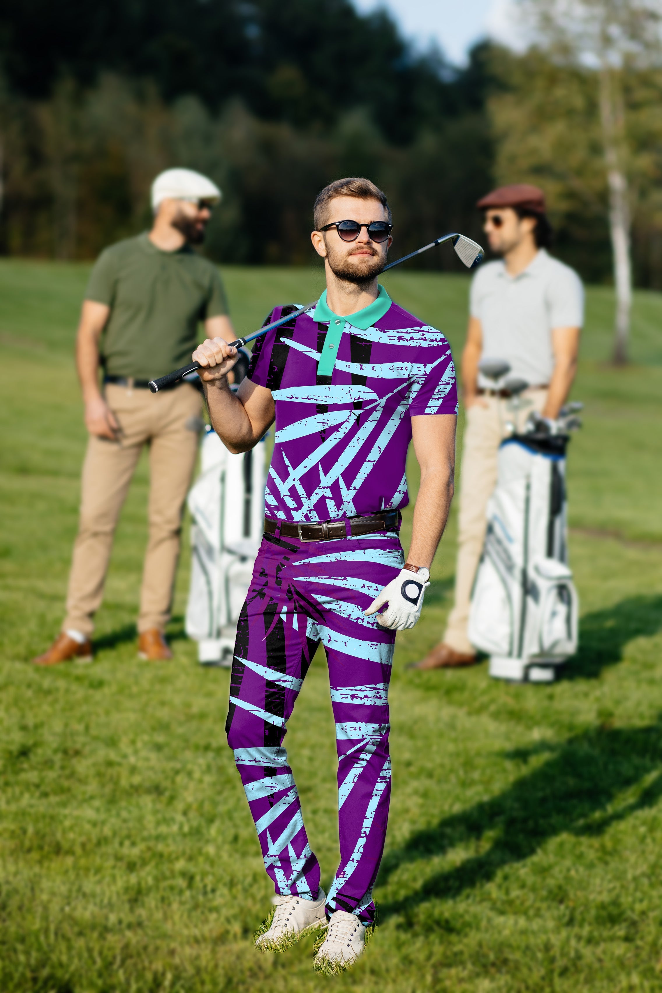 Men's Golf Set purple leaf polo and pants with four-way stretch and moisture-wicking fabric
