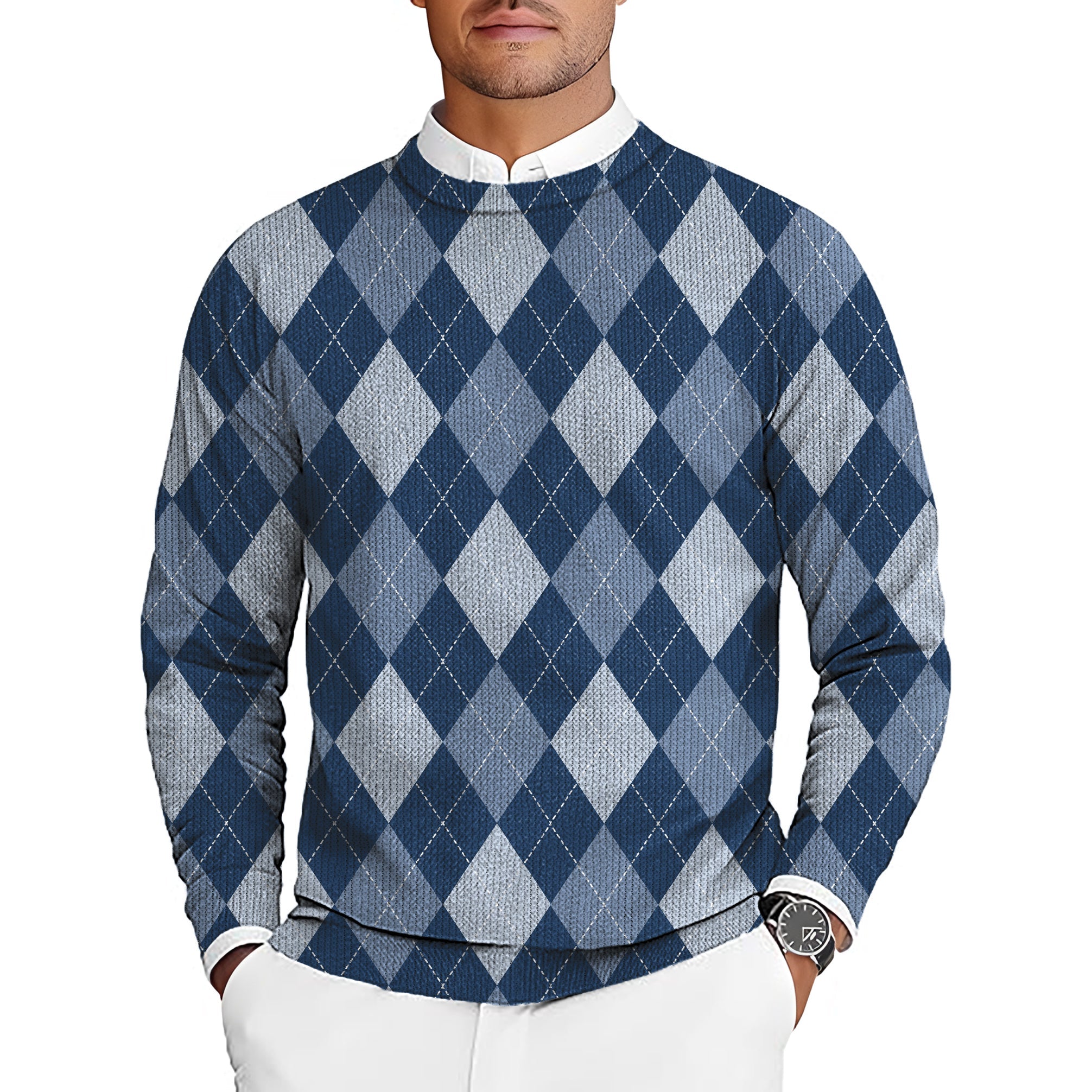 blue argyle men's golf crewneck pullover sweater for golf tournaments