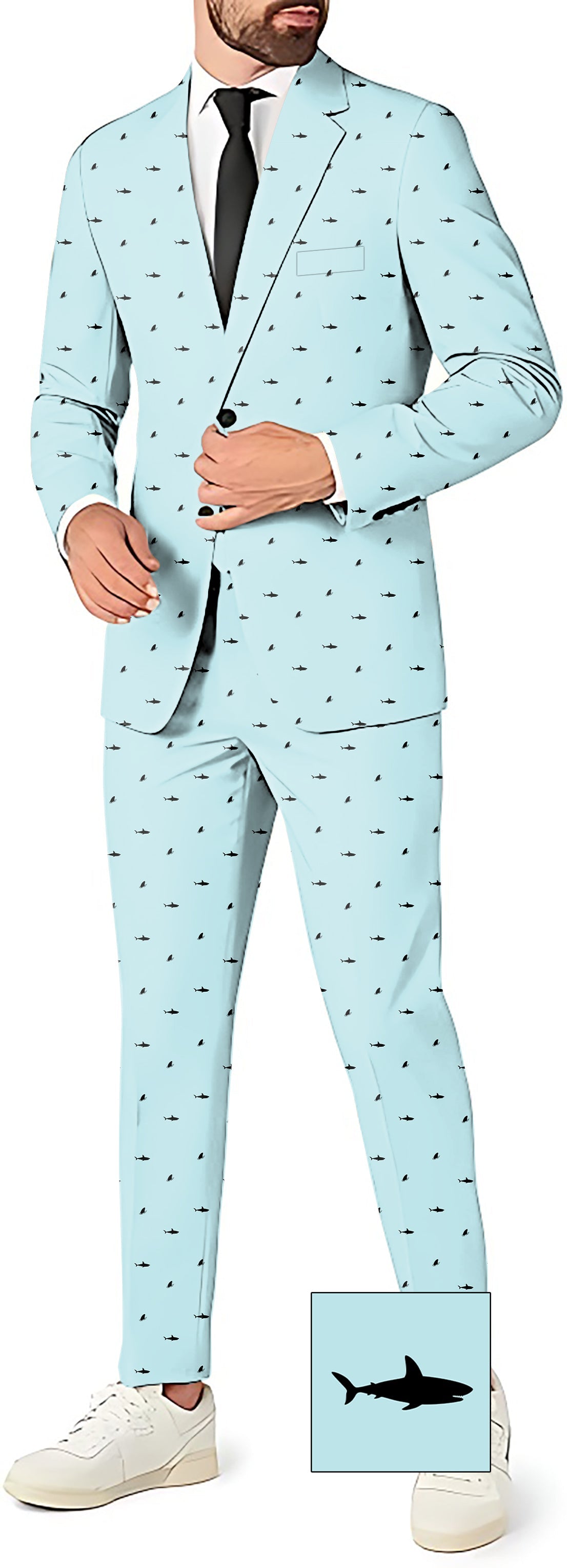Men's Black Shark and Fin Custom suit set with blazer, pants, and vest in light blue with shark fin pattern, perfect for theme parties and custom golf uniforms.
