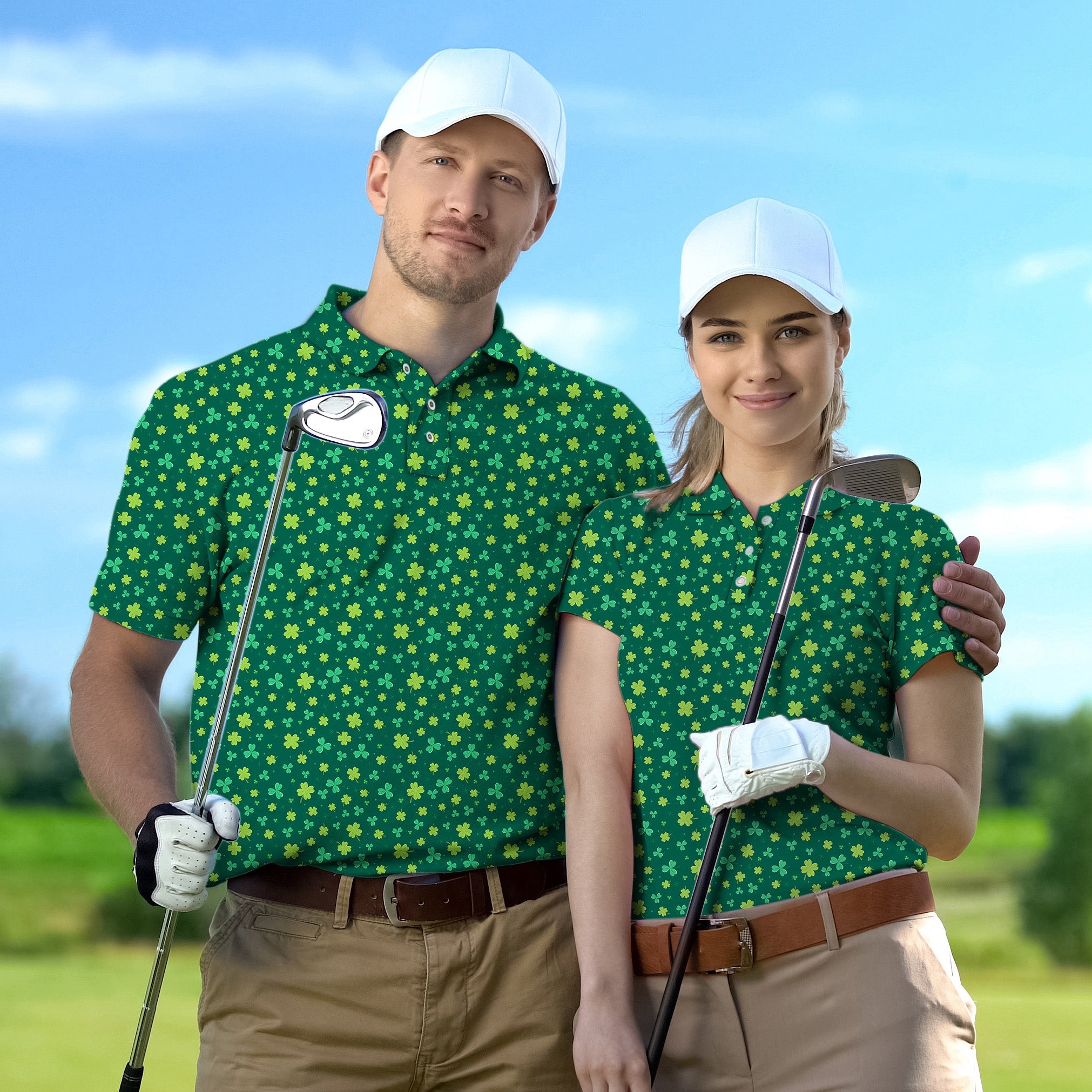 Couple wearing green leaf clover golf polos for St. Patrick's Day tournament on golf course