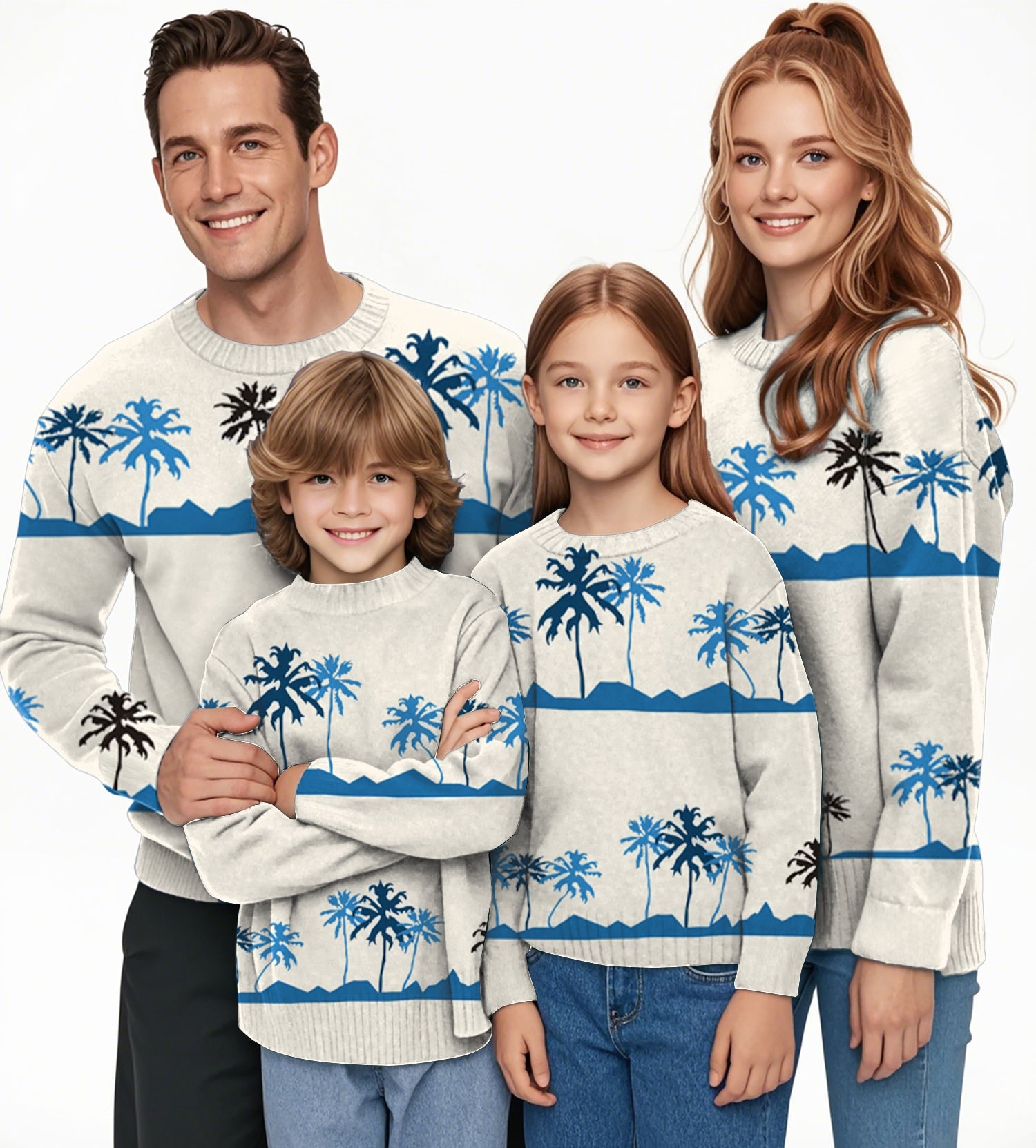 family wearing matching palm tree pattern crewneck pullover sweaters