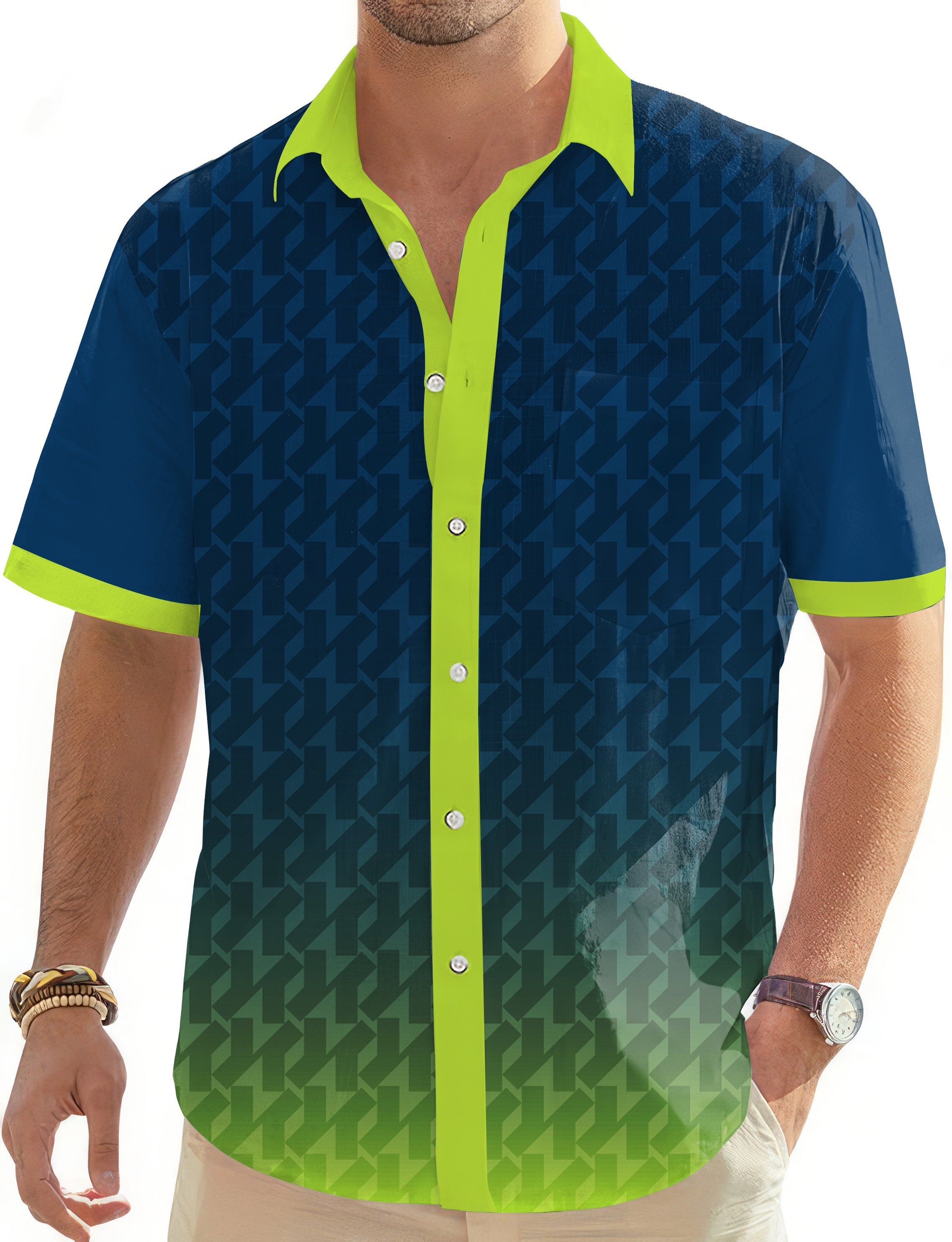 Men's green gradient custom sport golf Hawaiian shirt with button down and short sleeves