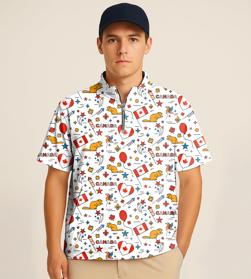 Male model wearing half zipper turtleneck golf shirt with Canadian balloon squirrel embroidery and short sleeves