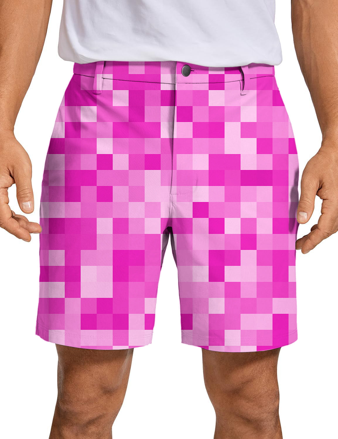 Men's rose red pixel-patterned big golf shorts with advanced performance fabric and two-way stretch