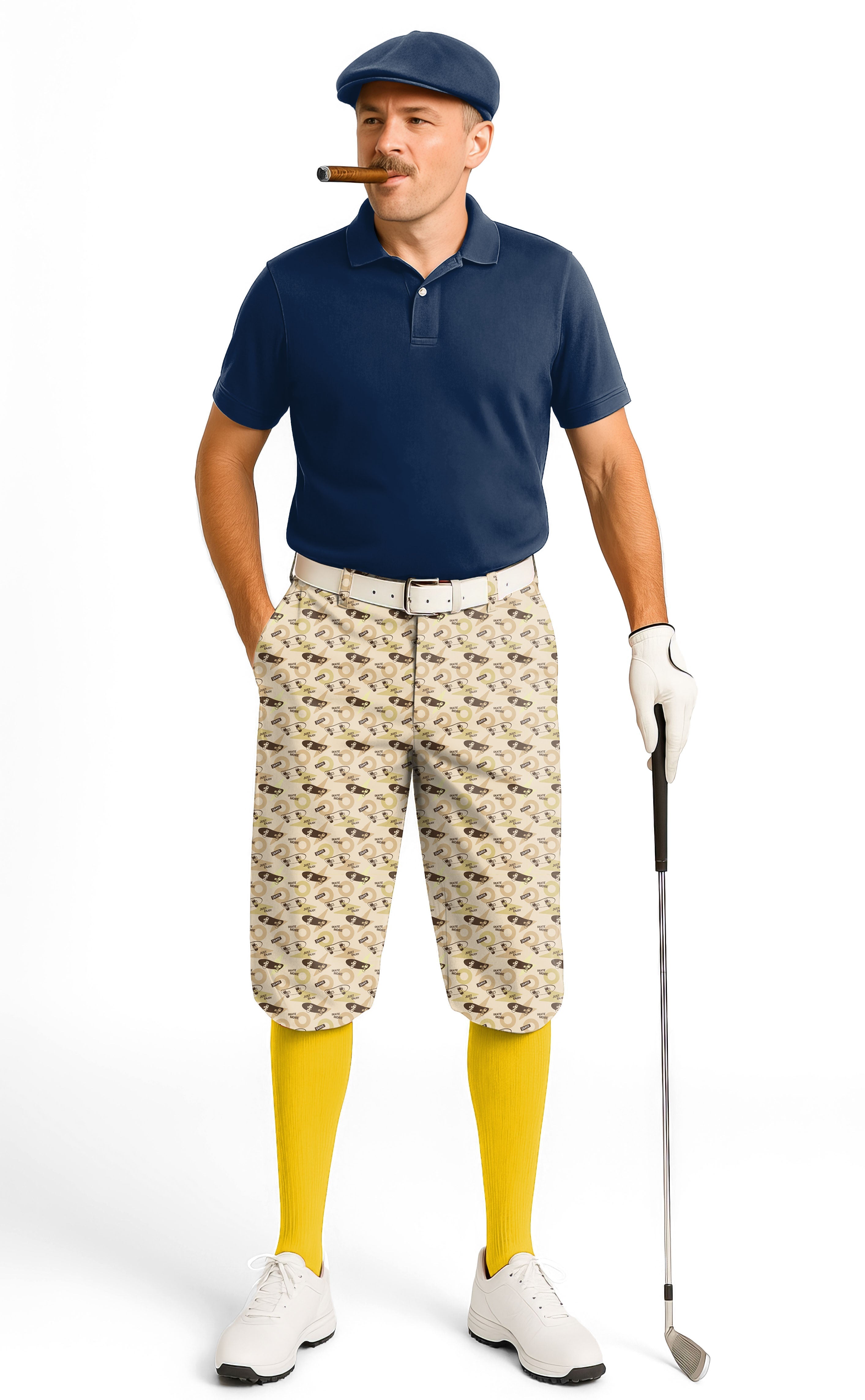 Man wearing khaki Skate More men's golf knickers pants with ankle cuffs and golf glove holding club.