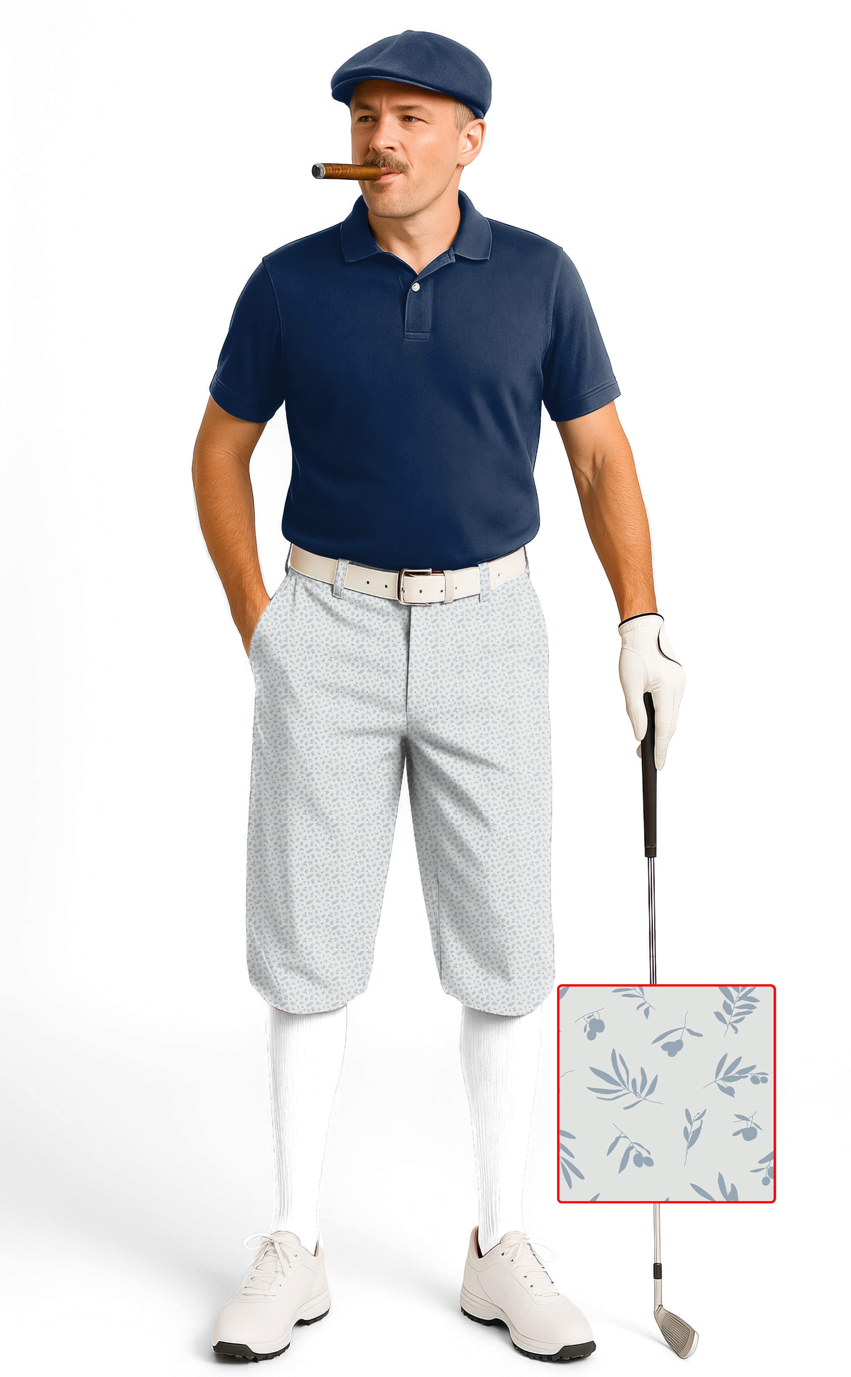 Man wearing Leaves And Fruits Men's Golf Knickers Pants with leaf and fruit pattern, navy polo, white socks, and golf glove holding a golf club