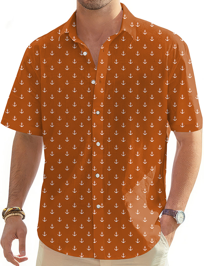 Orange Anchor Men's Hawaiian shirt with white anchor pattern, short sleeves, and button-down collar