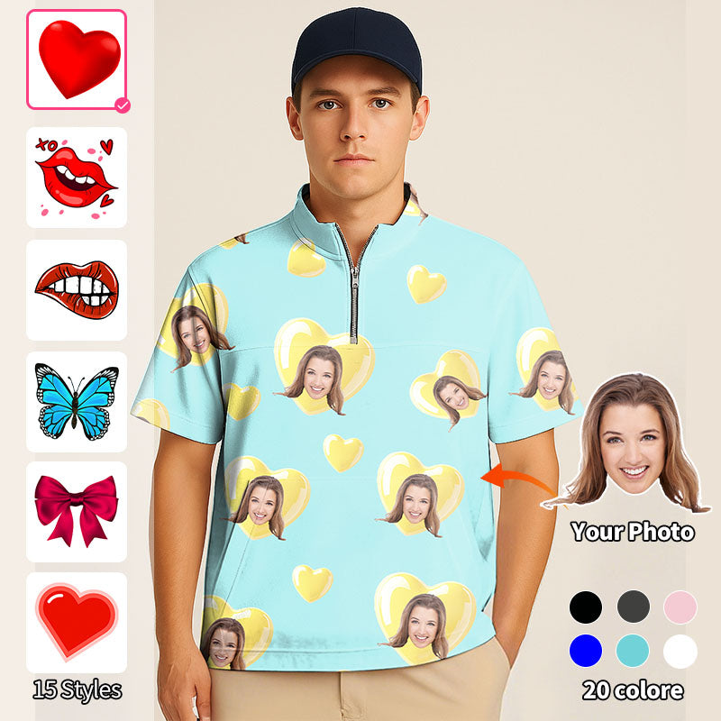 Valentine's Day Half Zipper Turtleneck Golf Short Shirt Custom Photo Face Custom Color Green Blue Love Embroidery