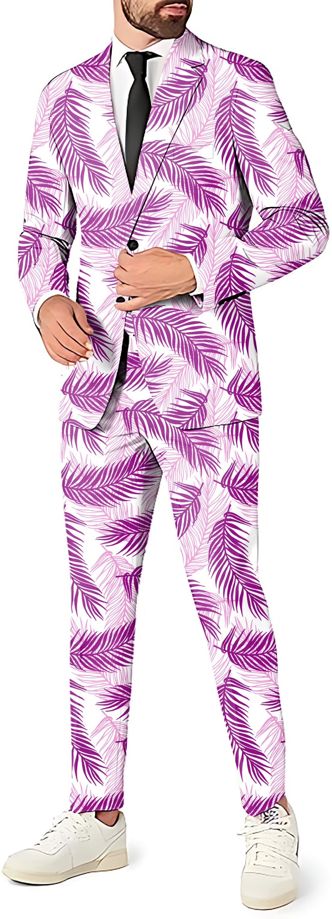 Purple Palms Men's party suit with purple palm leaf pattern blazer, pants, and vest