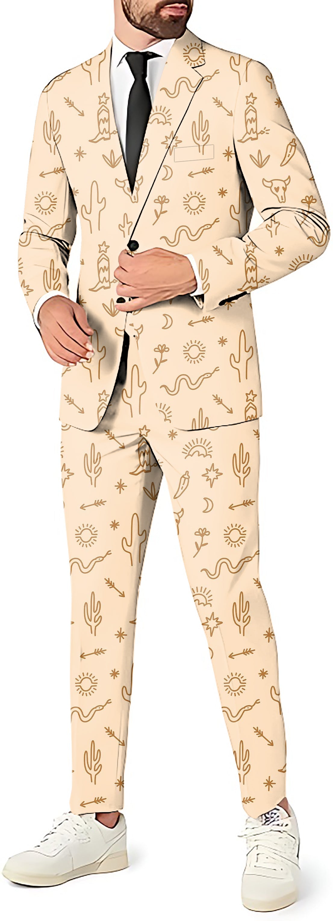 Western Vibes Men's party costume suit with blazer, pants, and vest featuring western-themed prints
