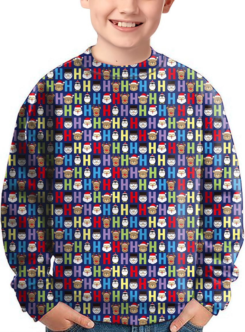 Cartoon H Elk Christmas Crewneck Pullover Kids Ugly Sweater