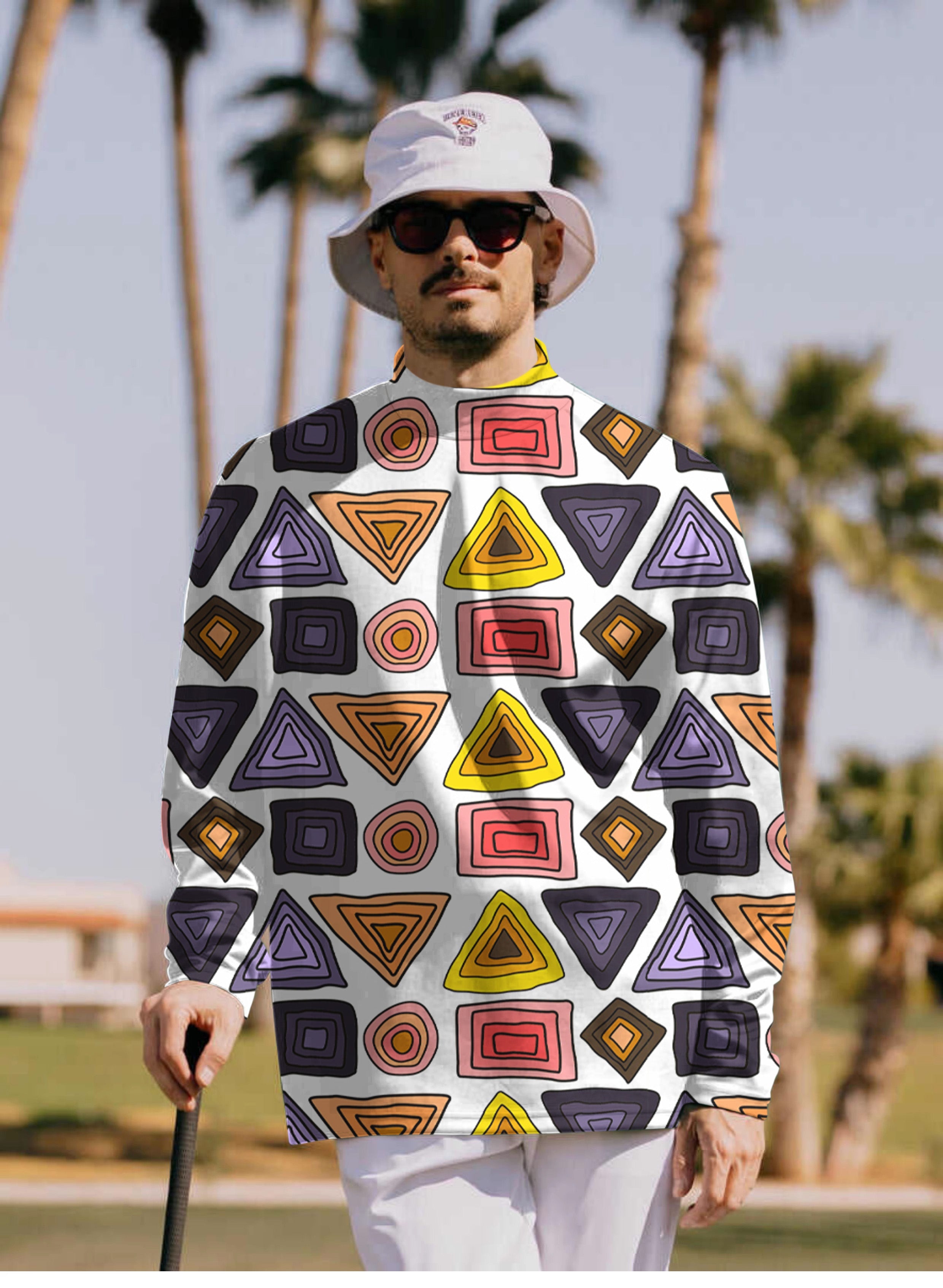 Men's colorful triangle tribal pullover high neck long sleeve T-shirt outdoors