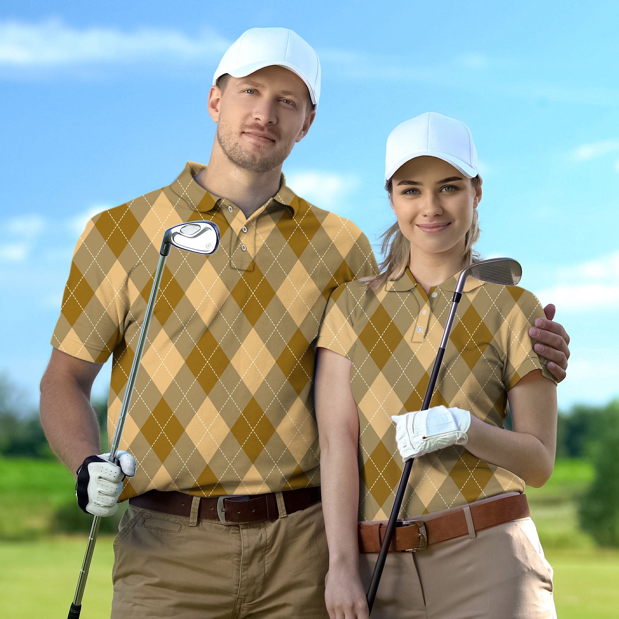 Couple wearing brown Argyle golf set with white caps holding golf clubs on green field