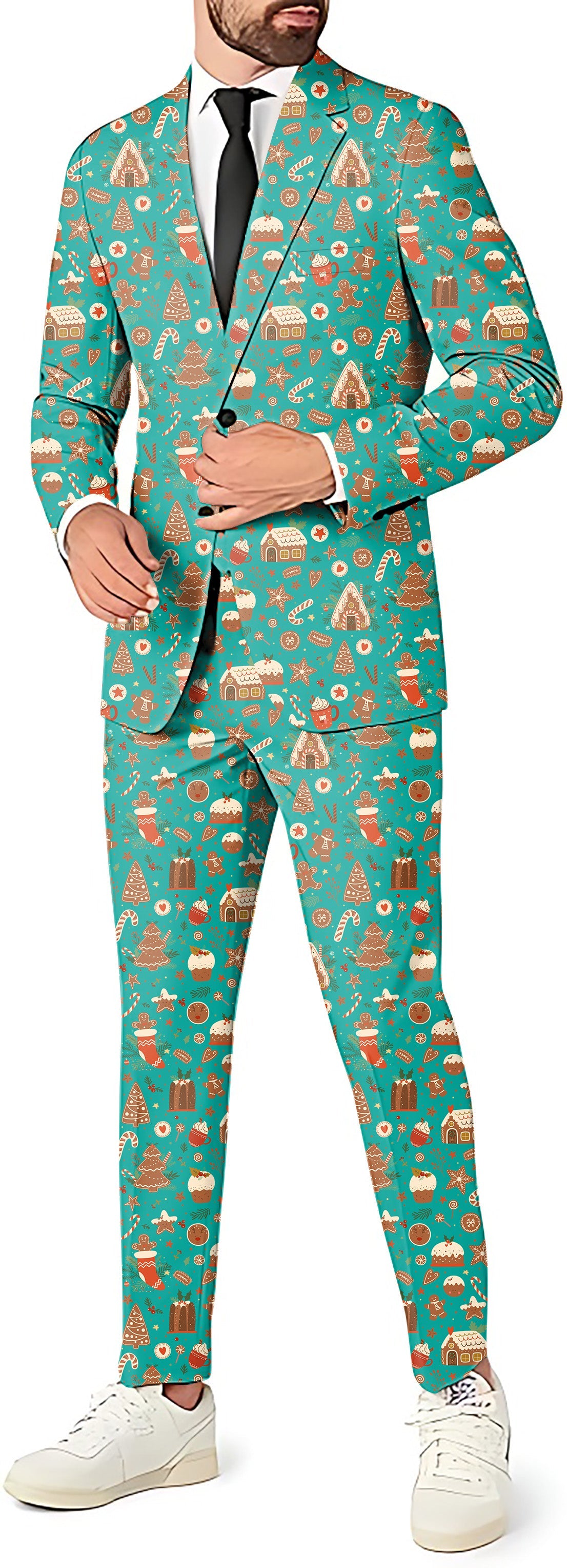 Green Christmas Candy House men's slim fit party suit with blazer, pants, and vest in festive pattern