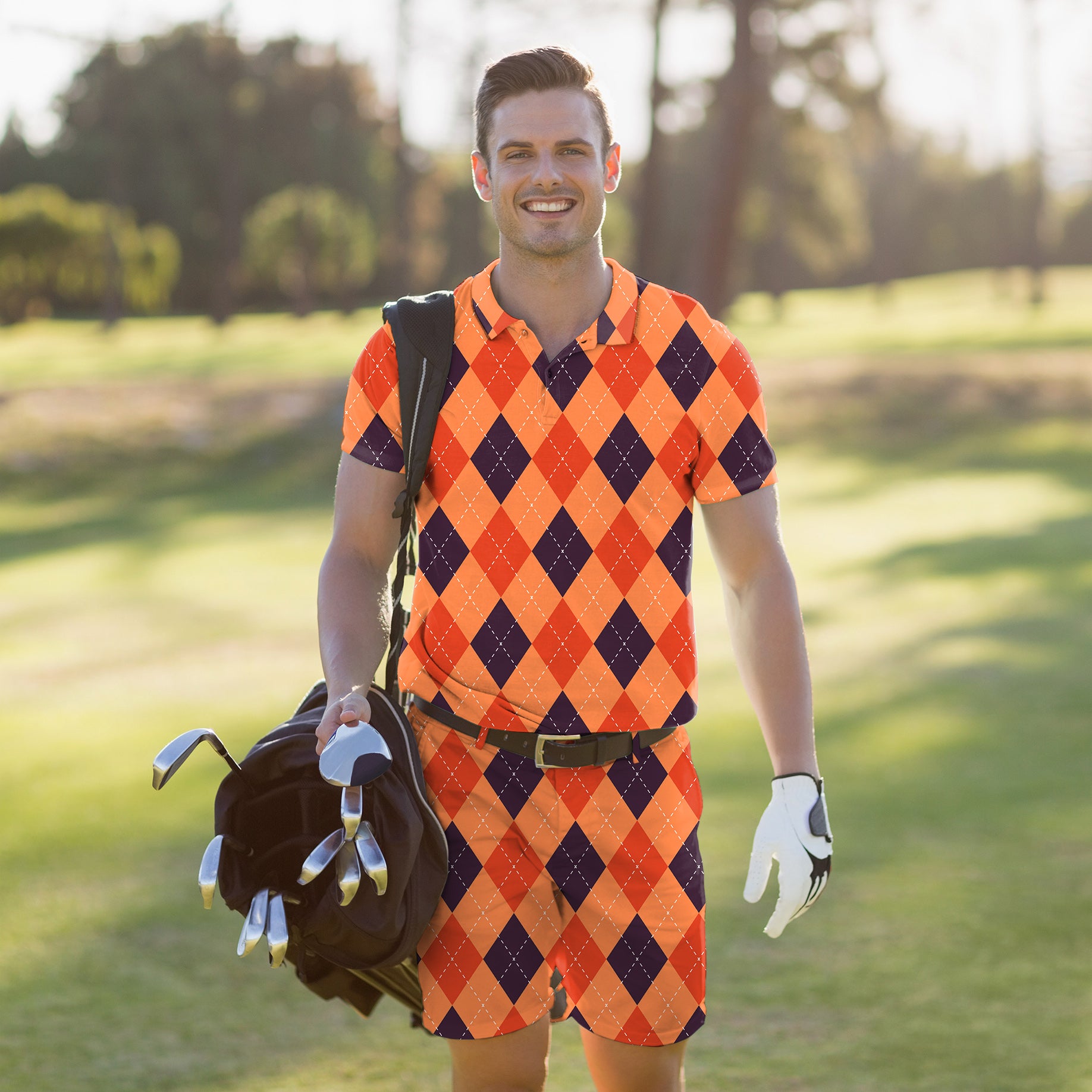 Men's Golf Set Polo+Shorts Halloween Black Red Orange Argyle