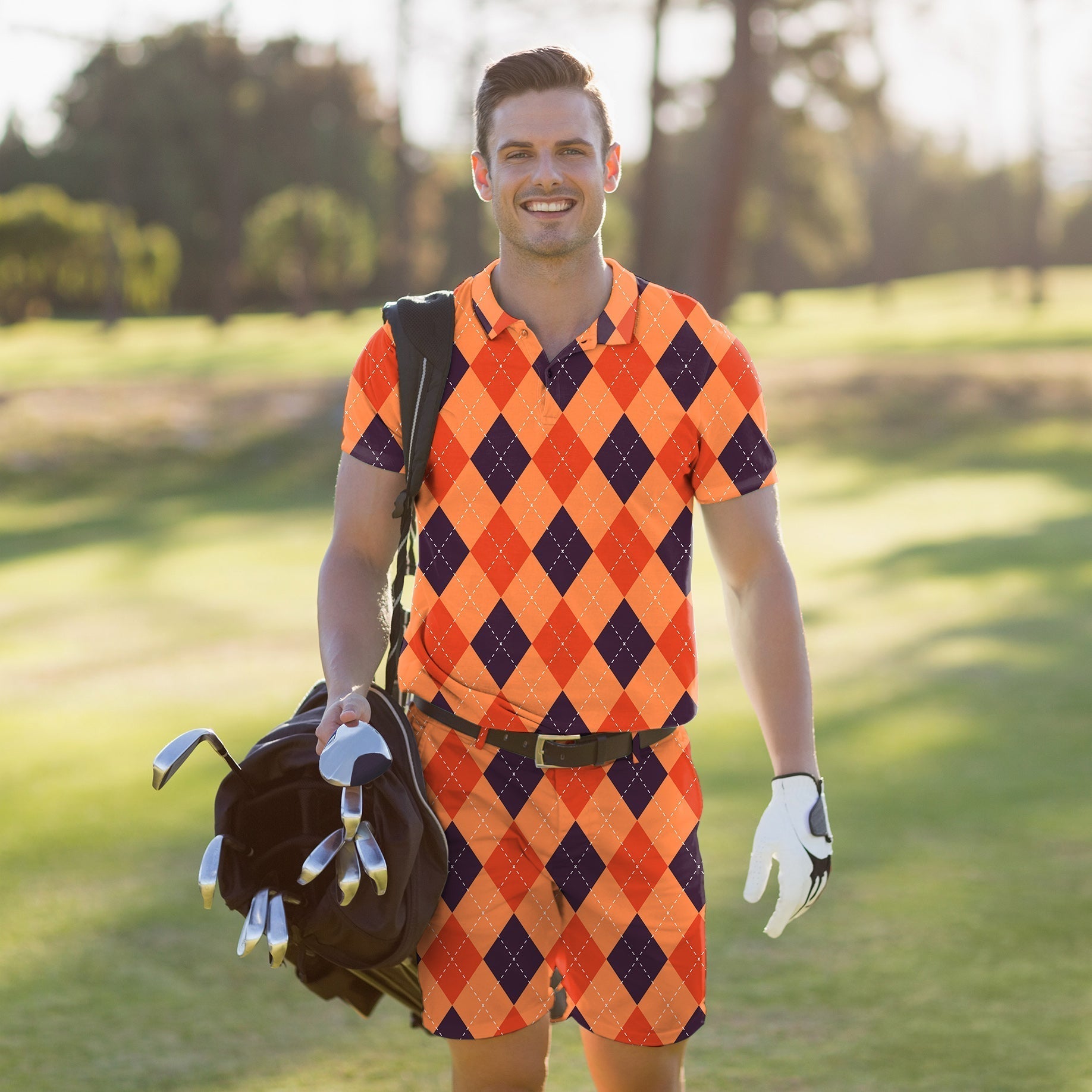 Men's golf set polo and shorts in Halloween black, red, and orange argyle pattern with moisture-wicking fabric and classic fit
