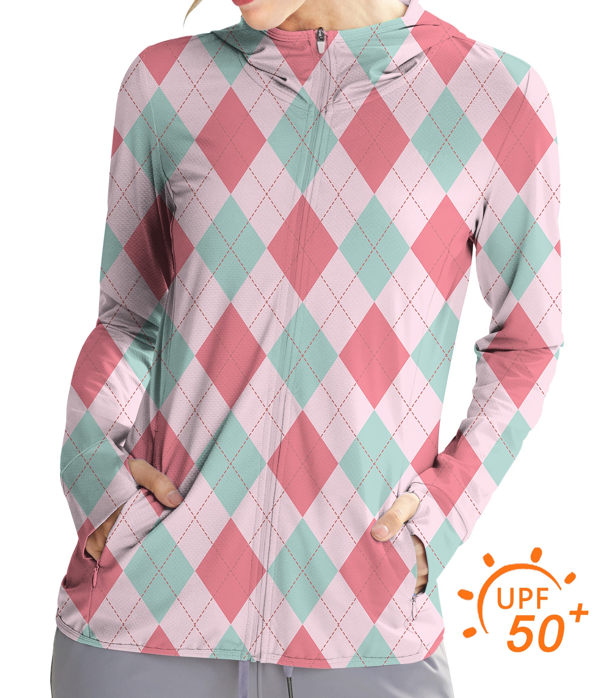 Women's outdoor pink argyle golf sun protection slim fit zip hoodie with UPF 50+ fabric and thumb holes