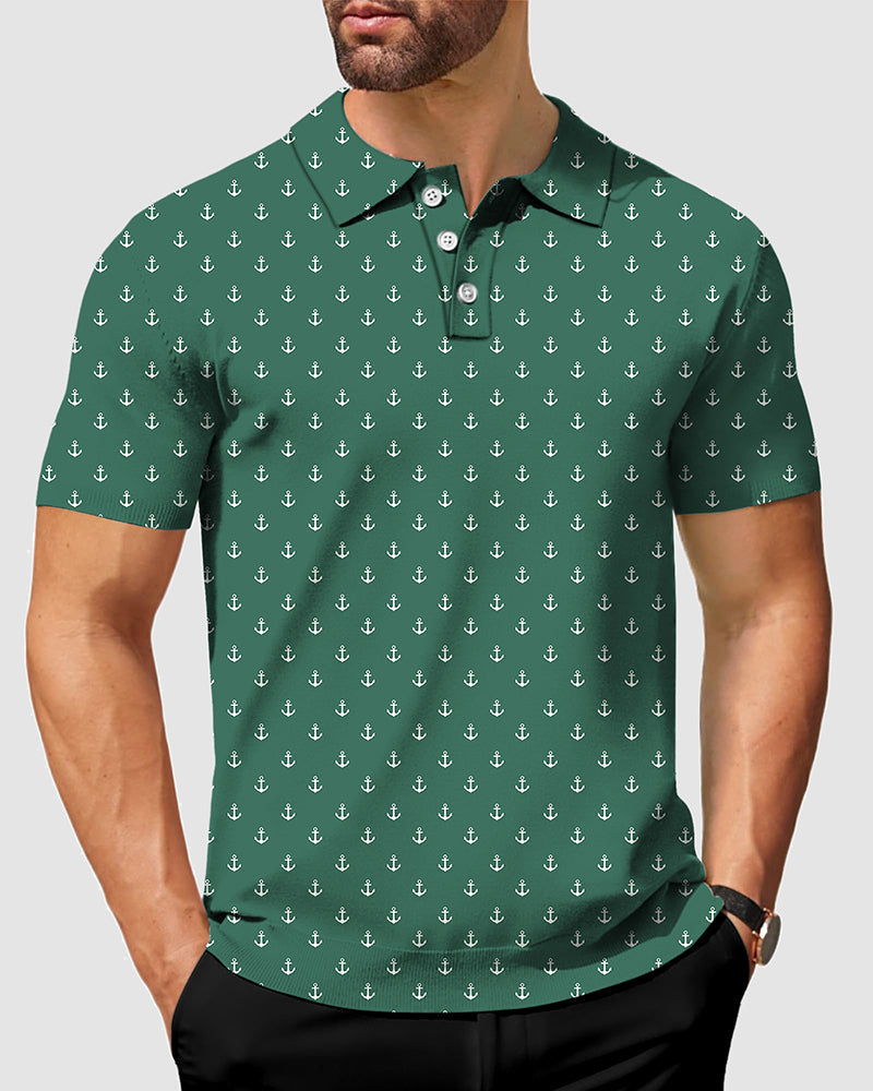 Men's green anchor polo shirt with custom monogram, four-way stretch, moisture-wicking fabric, wrinkle resistant, UPF 40+ protection, and classic fit.