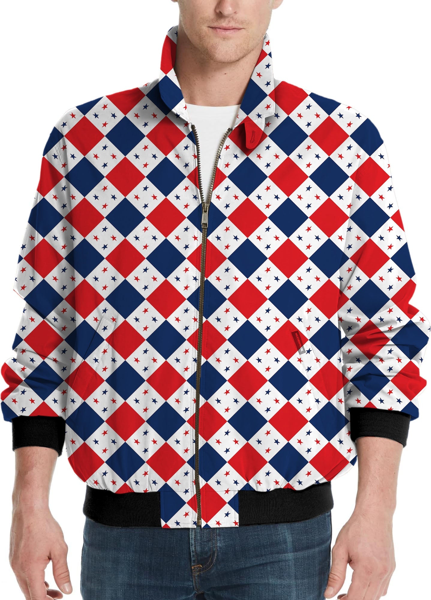 Argyle US star flag men's golf windbreaker jacket with red, white, and blue pattern