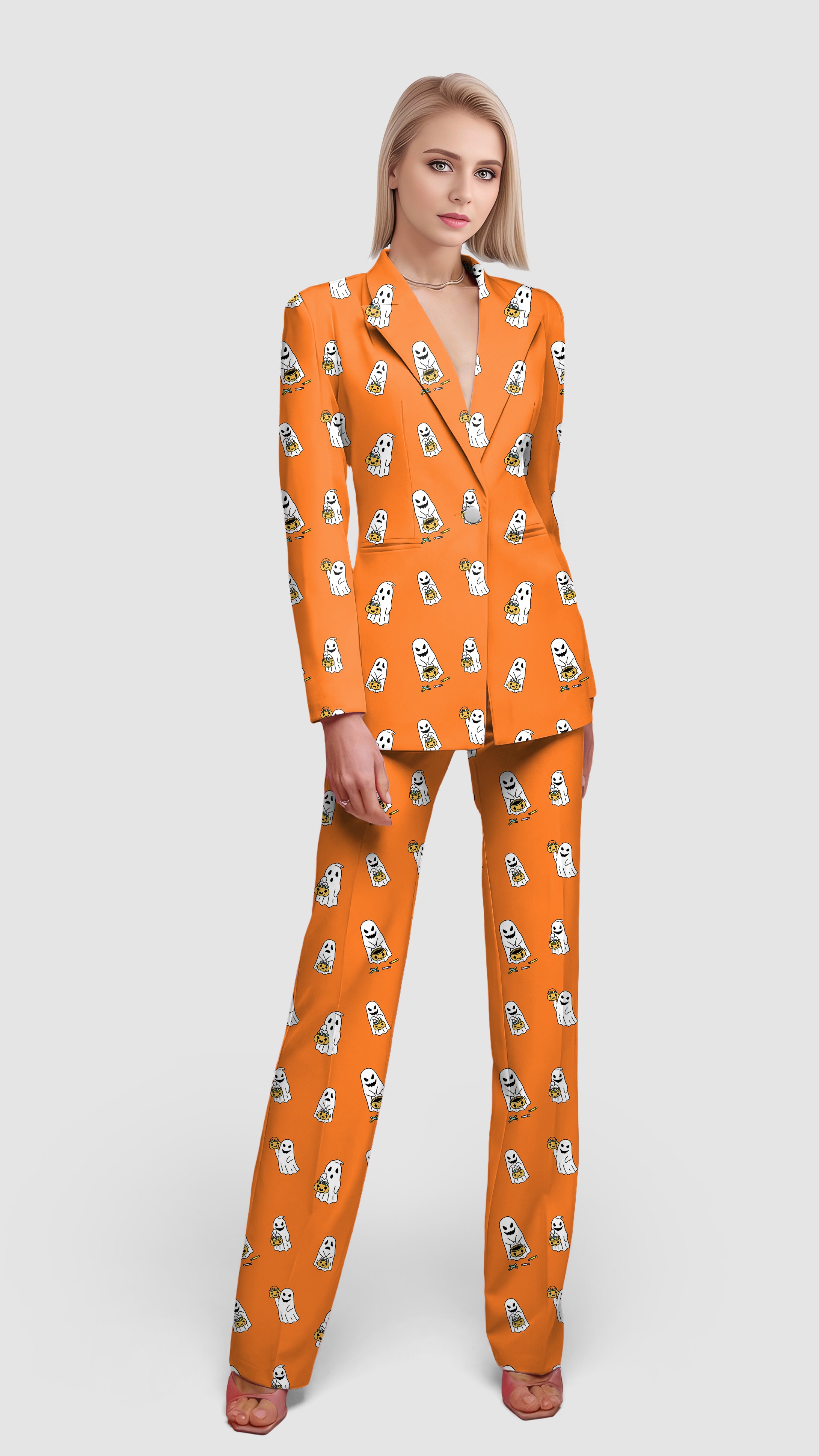 Halloween Ghost Pumpkin Basket Custom The Background Color Women's Blazer Casual Work Office Blazer Suit set