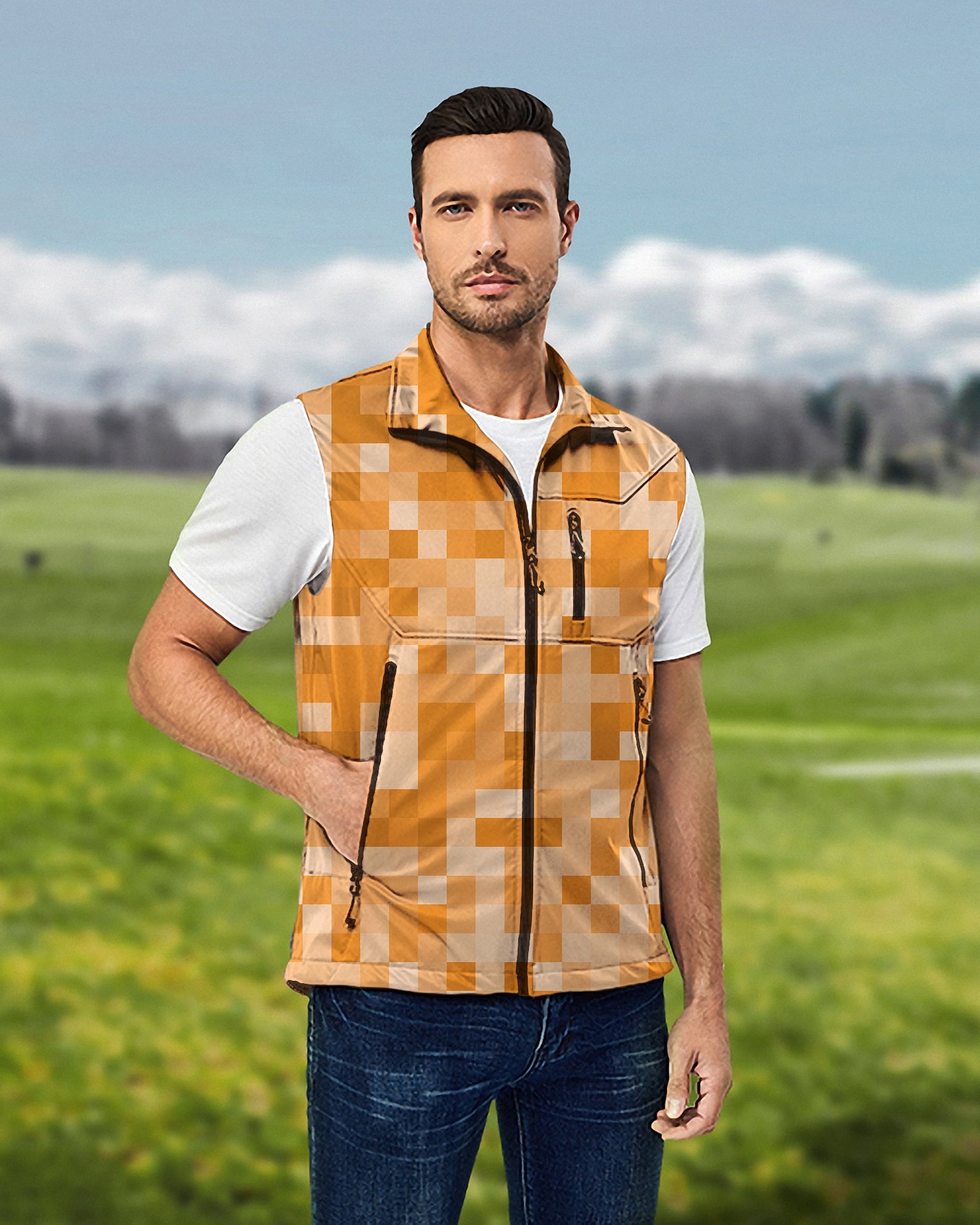 Men's Orange Pixel softshell sleeveless vest jacket for golf, windproof and waterproof