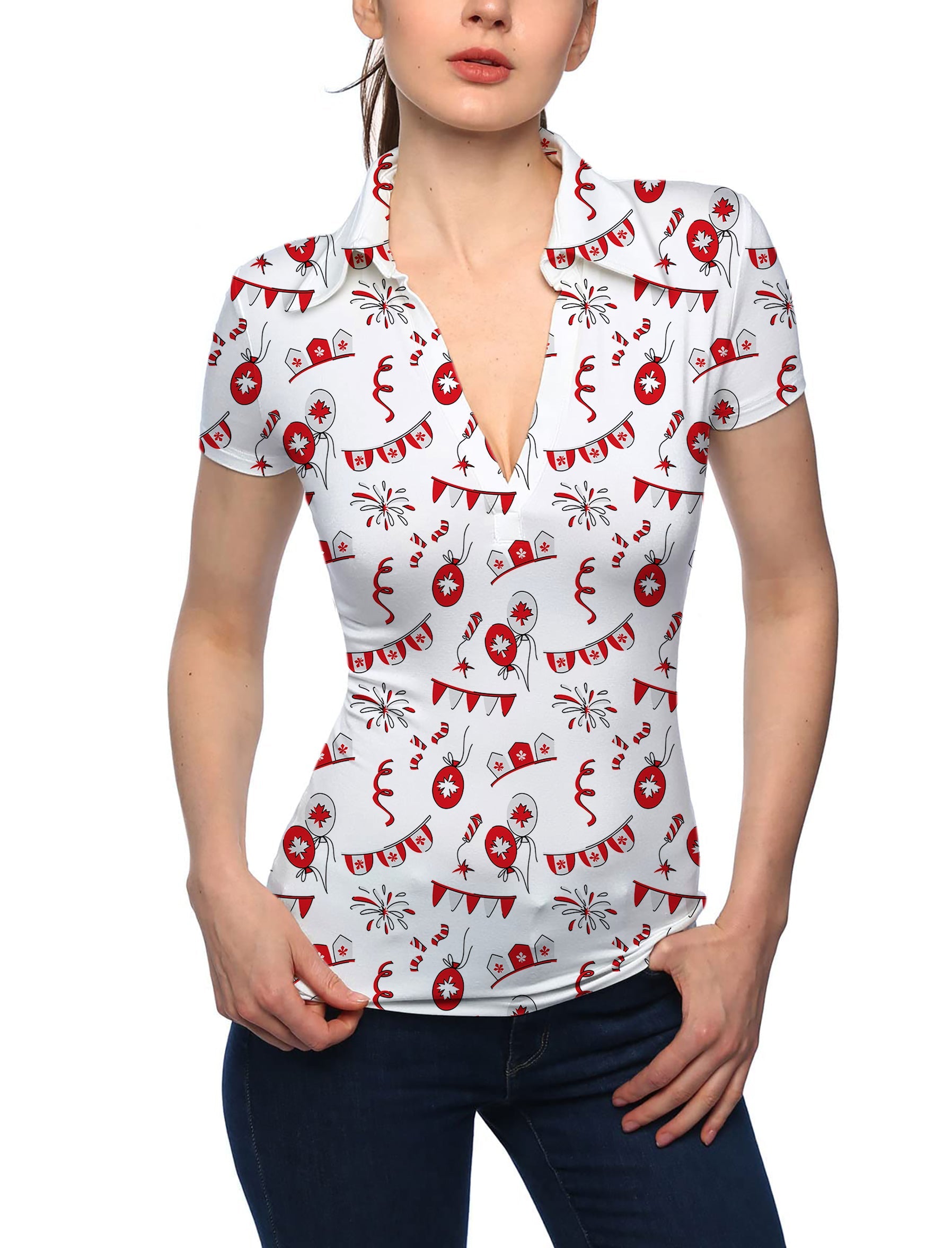 Women's Canadian Flag V-neck golf polo shirt with stand collar and festive print